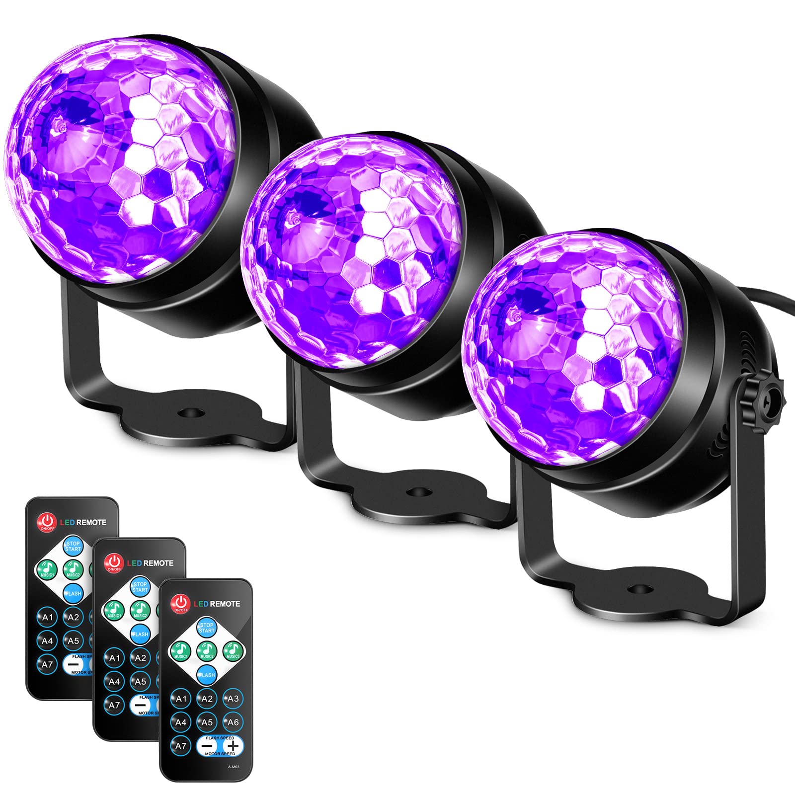 6W UV LED Black Light Disco Ball Strobe Lights - 3 Pack Sound Activated Party Lights with Remote Control for Glow Party, Halloween, Christmas & Birthday Decorations | Perfect for DJ Events, Home Decor & Dark Room Dance Parties