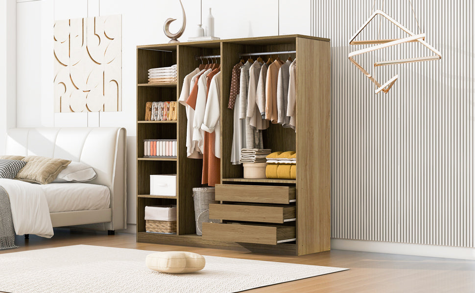 Natural Wooden Doorless Wardrobe with Shelves & 3 Drawers - Bedroom Closet Storage Organizer for Clothes, Shoes & Accessories | Perfect for Small Spaces & Modern Home Decor