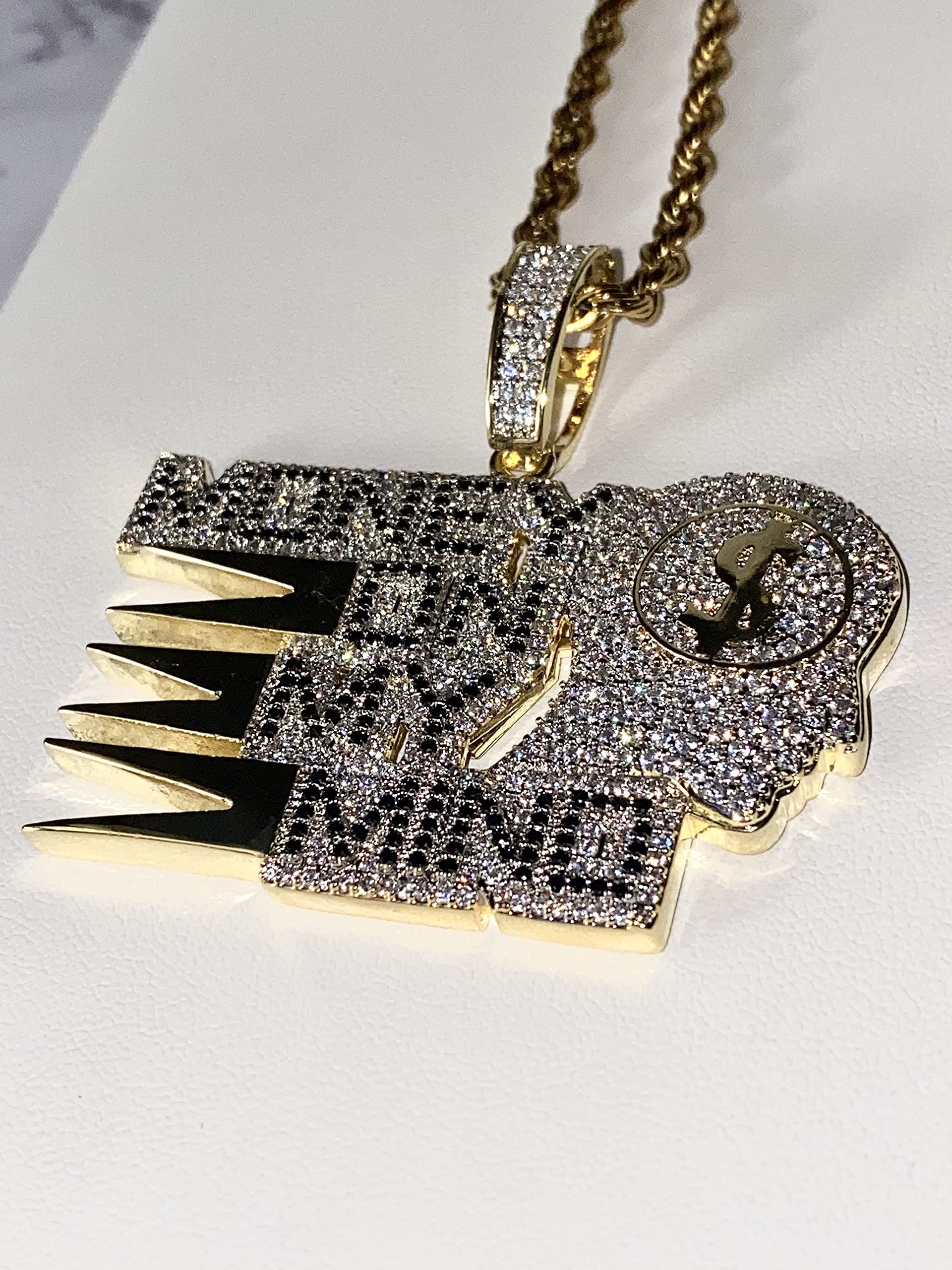 Money On My Mind Hustle Grind Custom Pendant Necklace - Iced Out Diamond CZ Jewelry for Men & Women - 925 Sterling Silver with Gold Finish - 3mm Stainless Steel Rope Chain - Perfect for Hip Hop Fashion, Gifts & Everyday Wear