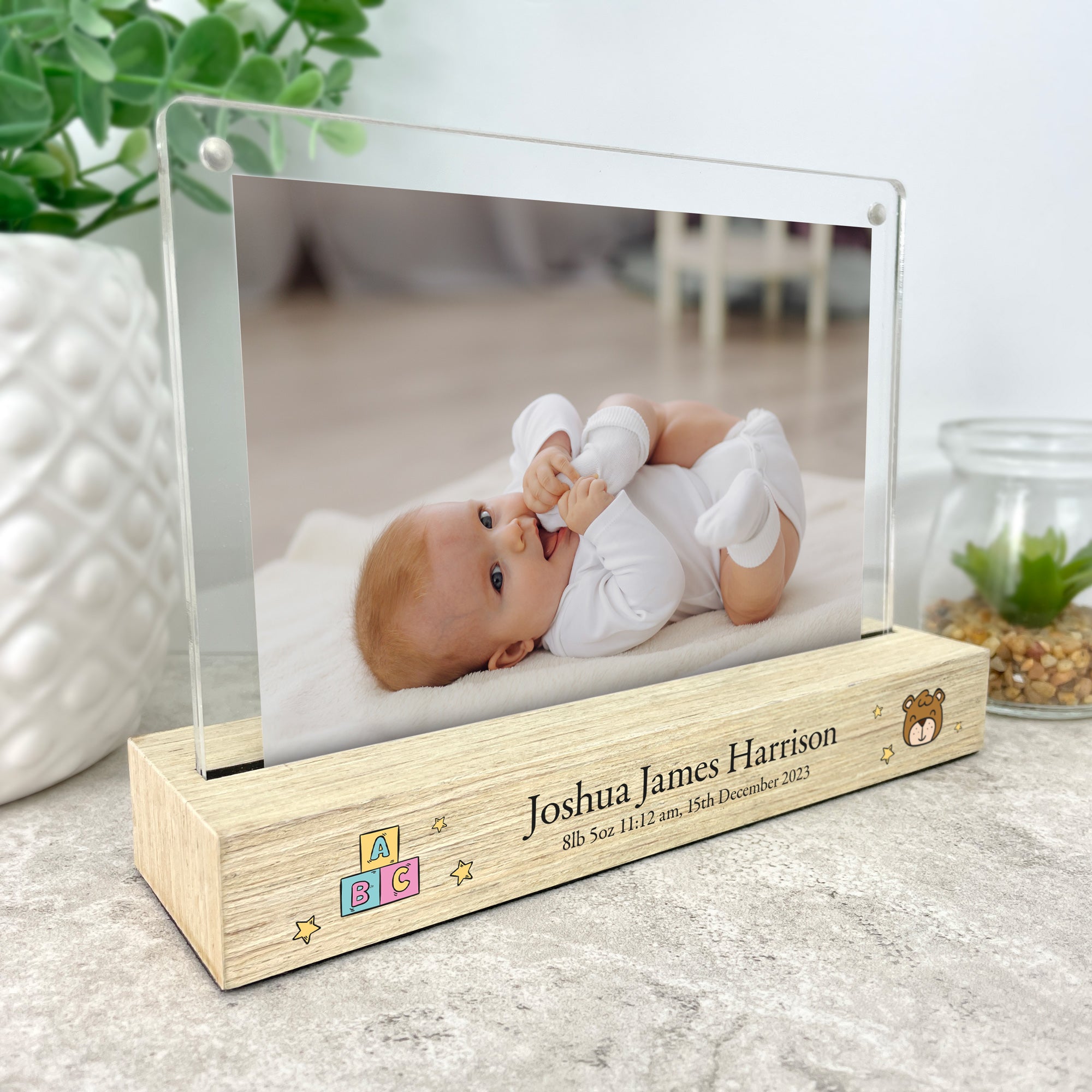 Personalized Wooden Baby Photo Frame - 6x4 Inch Newborn Keepsake Gift for Nursery, Baby Shower, and First Birthday Decor