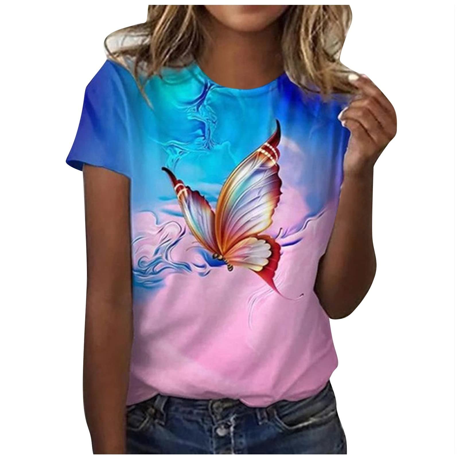 TUNUSKAT Women's Summer Casual Short Sleeve T-Shirt - Butterfly Print Crew Neck Loose Fit Blouse | Cute Graphic Tee for Beach, Vacation & Everyday Wear