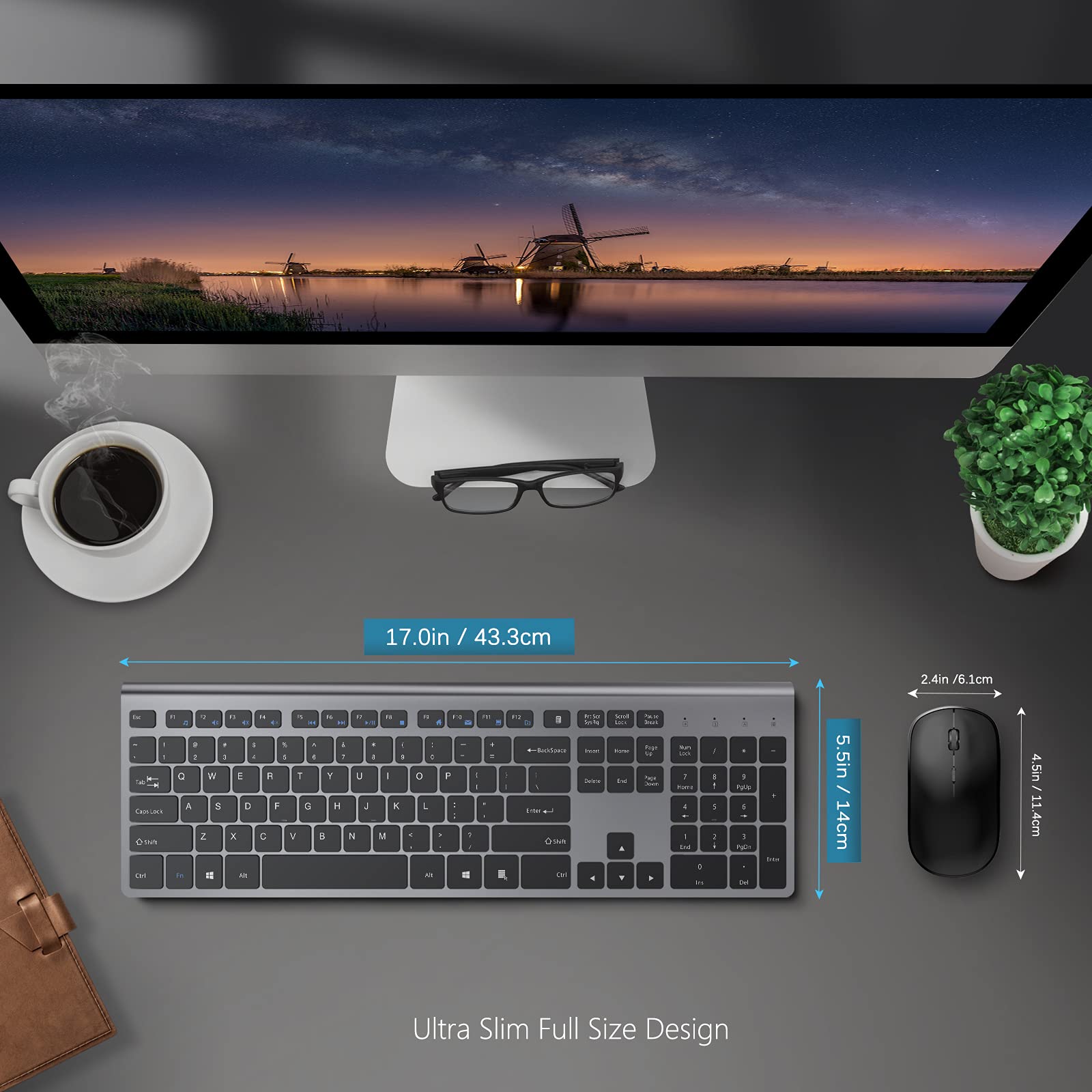 Rechargeable Wireless Keyboard and Mouse Combo - J JOYACCESS 2.4G Full-Size Slim Keyboard with Ergonomic Mouse | Long Battery Life | Compact Design for Laptop, PC, Desktop (Windows/Mac) | Black & Grey | Perfect for Office Work, Gaming, and Home Computing