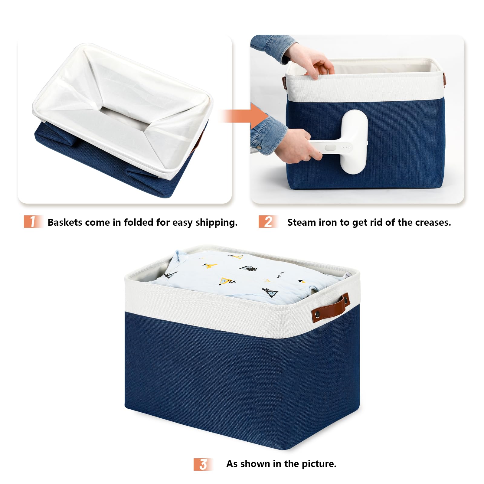 DULLEMELO Storage Baskets with Leather Handles - Home & Office Organizer for Shelves, Toys & Clothes (White & Blue)
