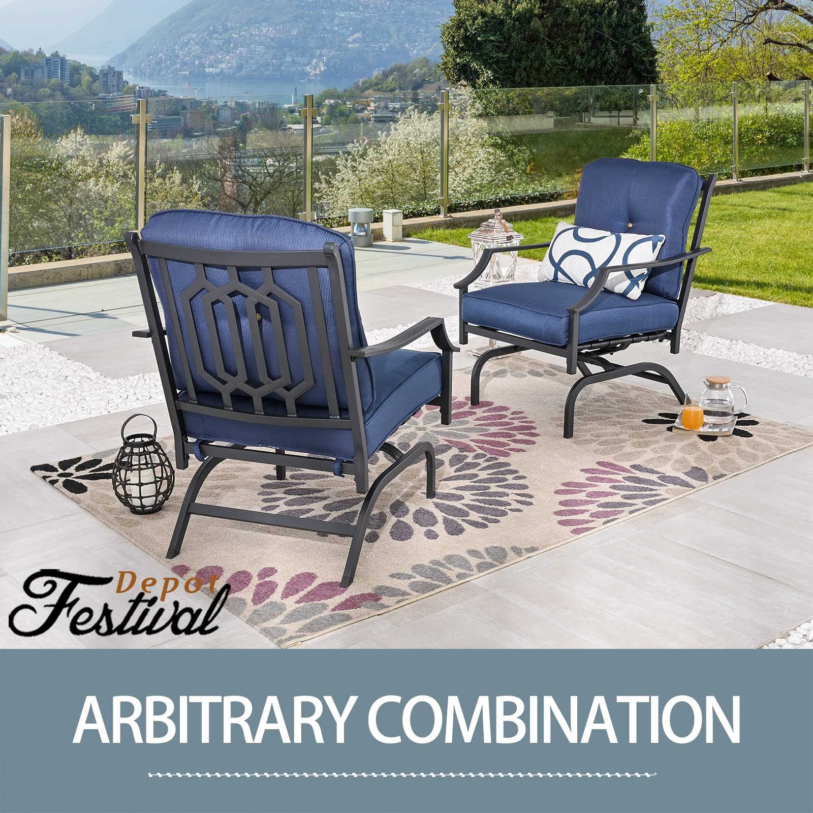 Festival Depot 2-Piece Patio Dining Chair Set - Metal Armchairs with Thick Cushions, Outdoor Furniture for Bistro, Garden, Poolside & Backyard (Blue) - Perfect for Relaxing & Entertaining