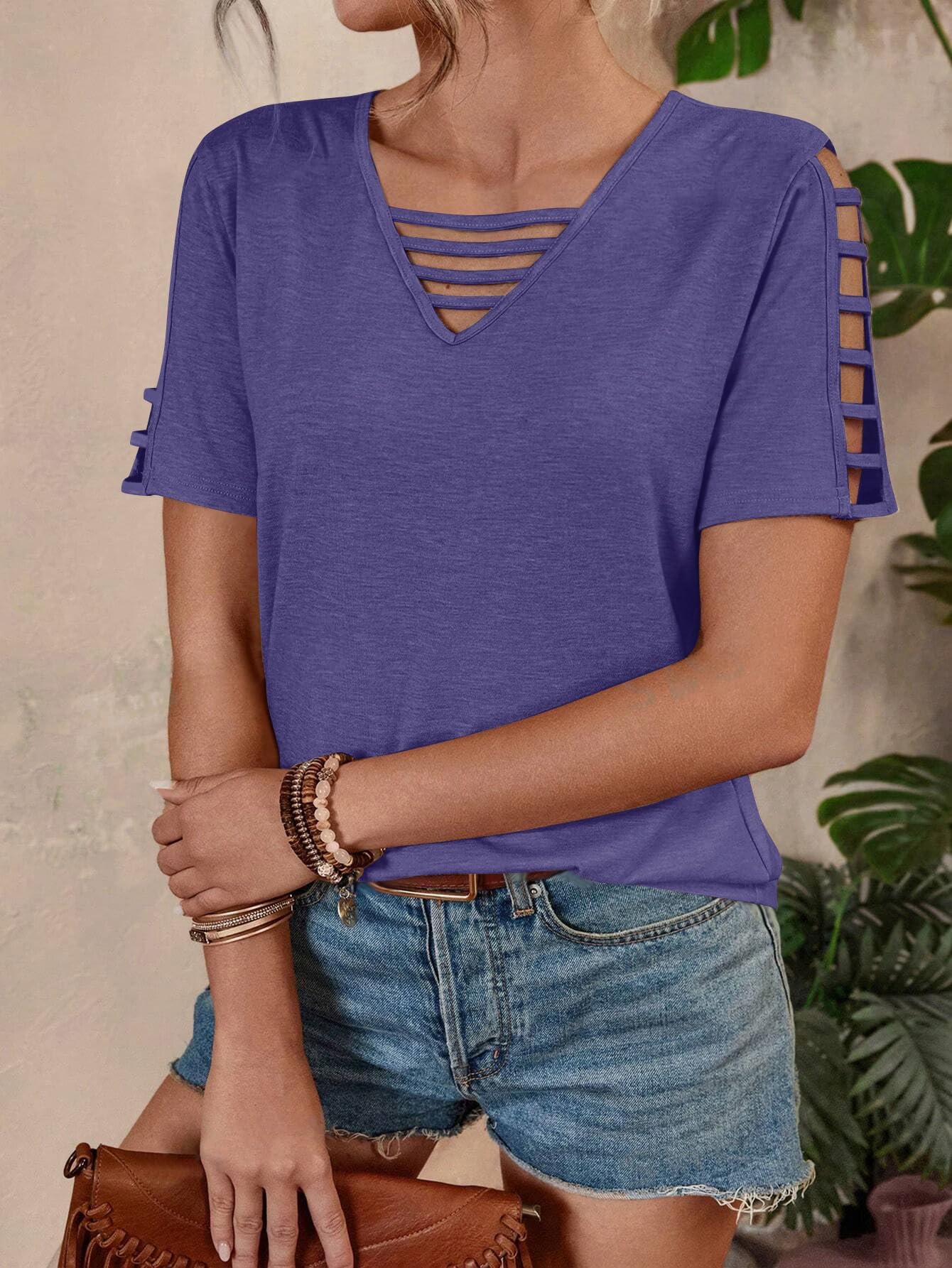 Women's Loose Fit V-Neck Hollow Out Short Sleeve T-Shirt - Summer Casual Basic Top for Beach Vacation 2025 | Perfect for Travel, Outing and Daily Wear