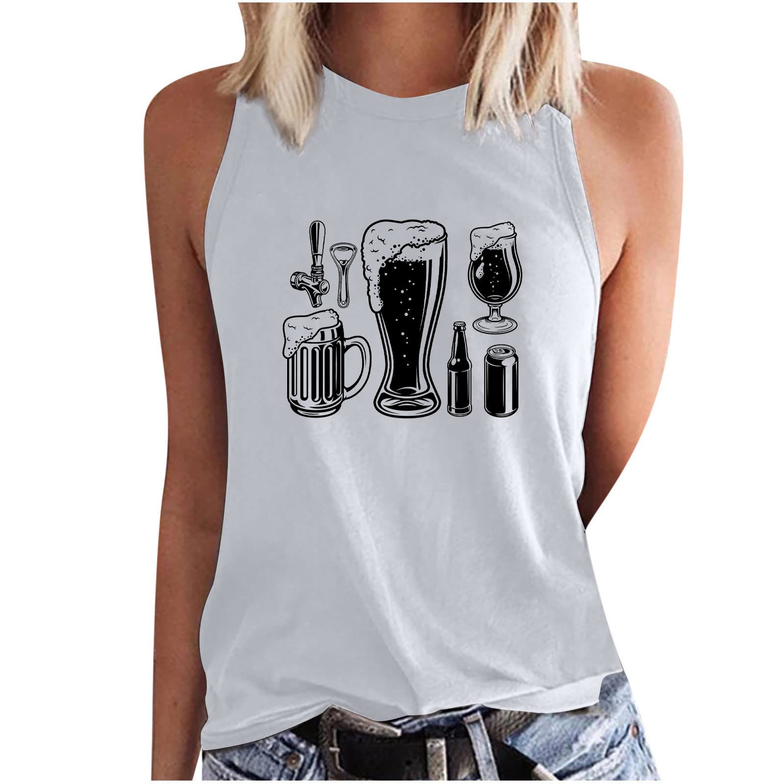 Oktoberfest Women's High Neck Sleeveless Blouse - Beer Graphic Tee Cute Summer Tops for Women - Trendy Going Out Tops for Parties, Festivals & Casual Wear
