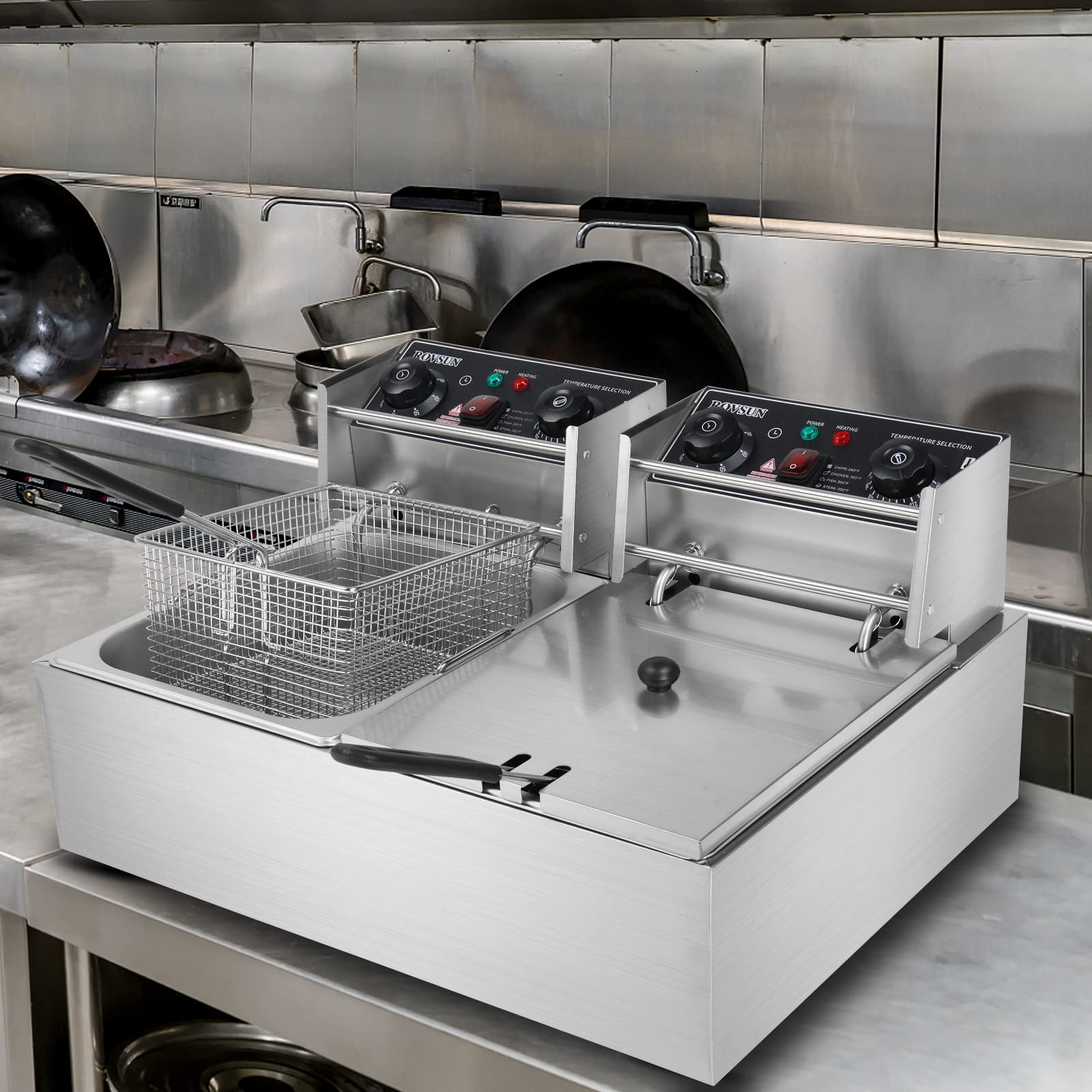 ROVSUN 22.8QT 5000W Commercial Dual Tank Electric Deep Fryer with Timer & Temperature Control - Stainless Steel Countertop Deep Fryer for Home, Restaurant, and Catering - Perfect for Frying Chicken, Fish, French Fries, and Donuts