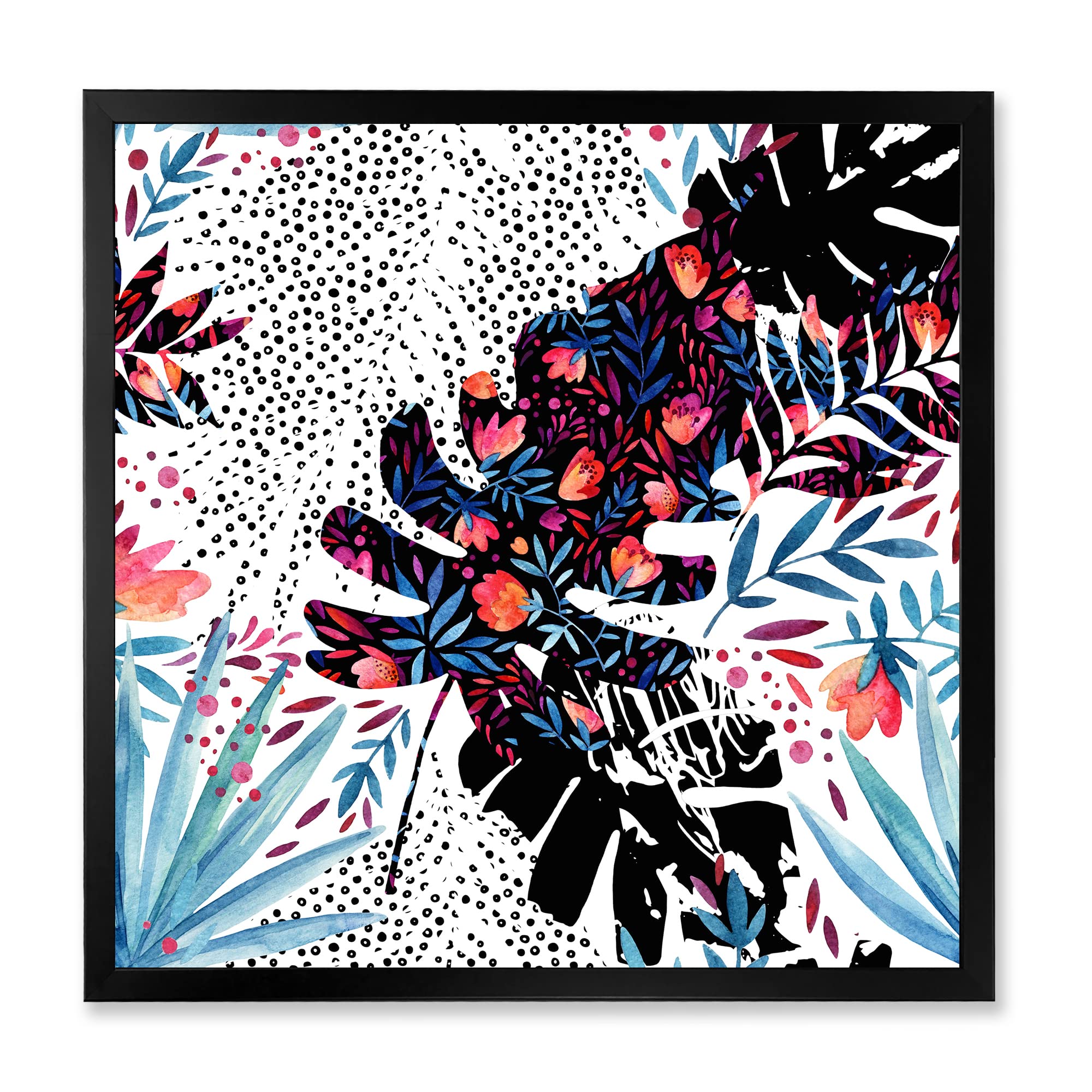 DesignQ Tropical Floral Patchwork Framed Wall Art - Vibrant Home Decor for Living Room, Bedroom & Office