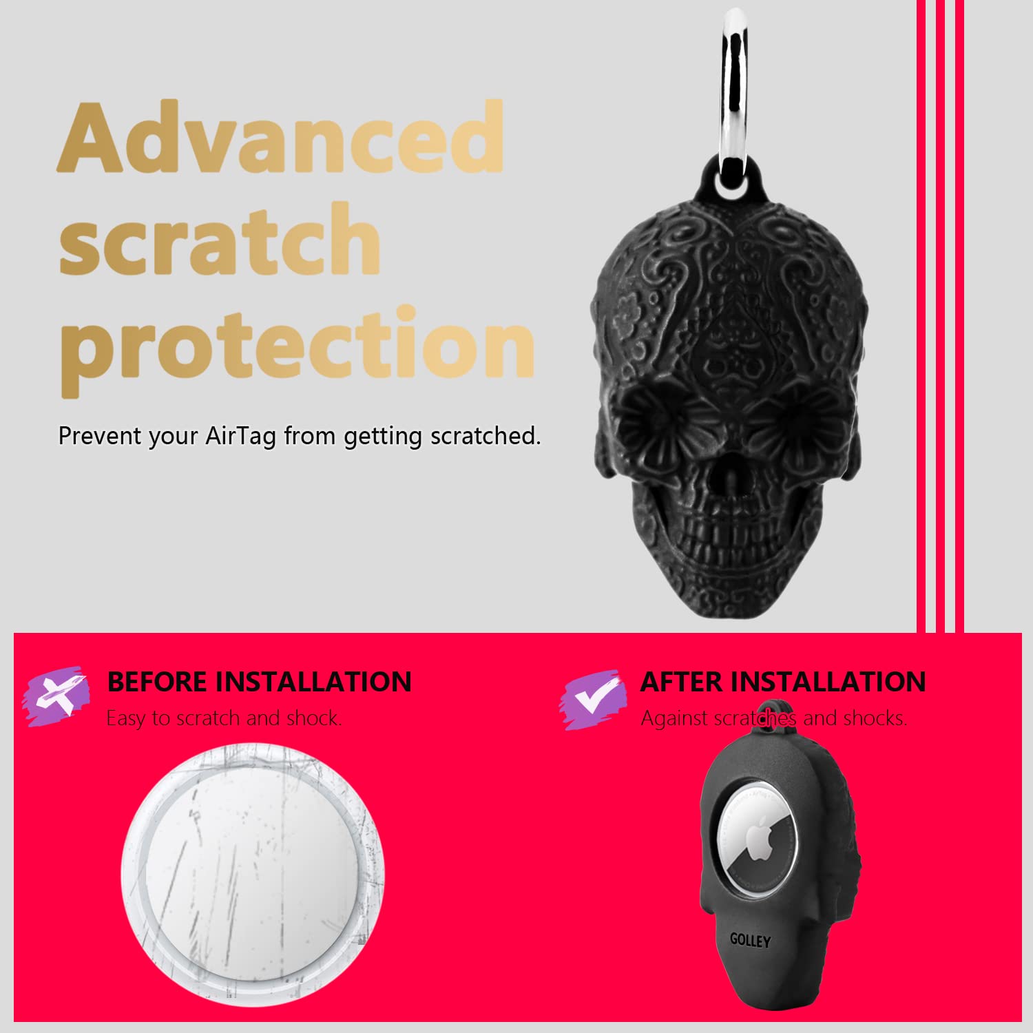 **GOLLEY Apple AirTag Case - Anti-Scratch Silicone Protective Holder with Key Ring, Compatible with AirTag Keychain Accessories (Black Skull) - Perfect for Keys, Bags & Travel Essentials**