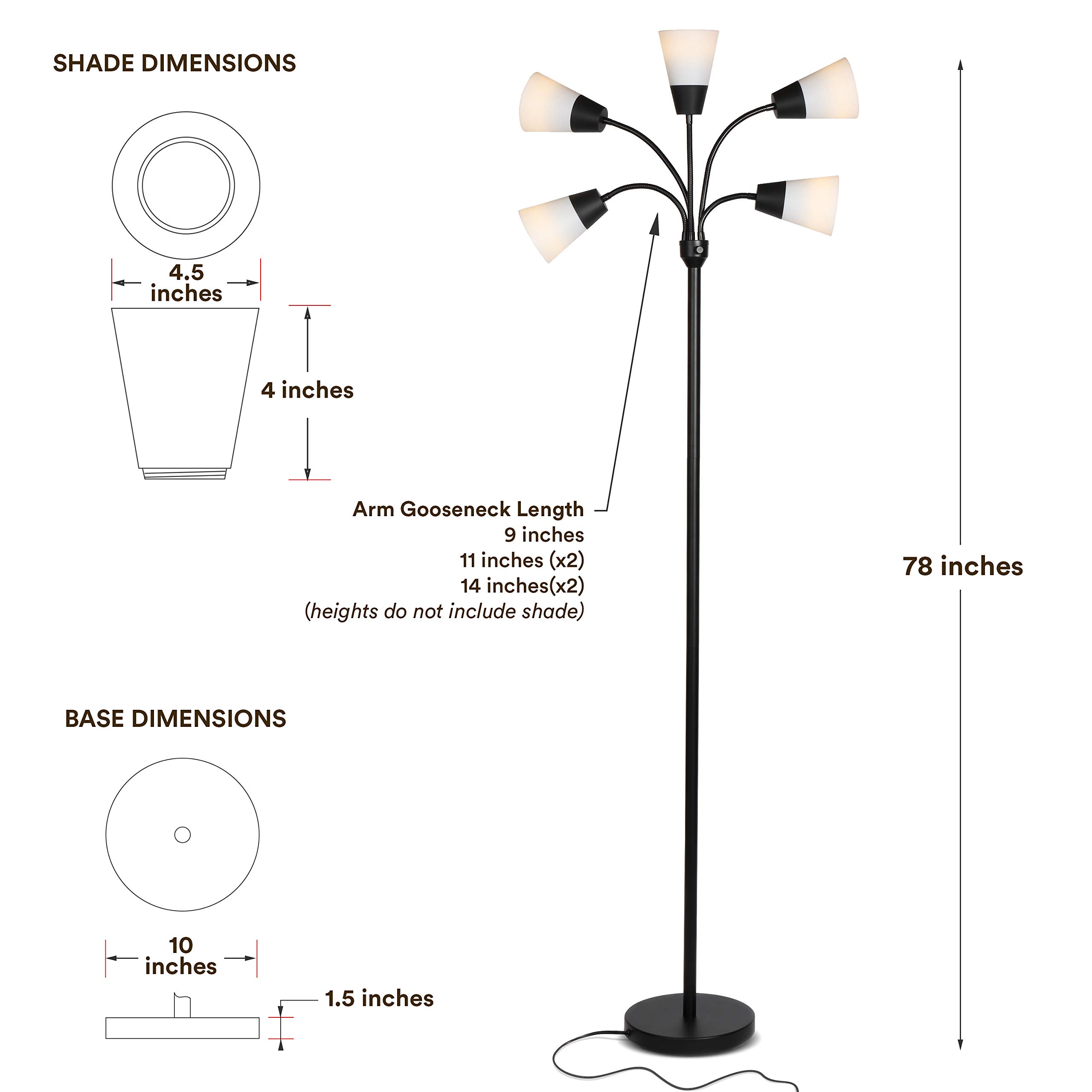 Brightech Medusa Modern LED Floor Lamp - Adjustable Multi-Head Standing Light with 5 LED Bulbs & Interchangeable Shades - Tall Contemporary Lighting for Living Room, Office, Reading Nook & Hobby Spaces - Black