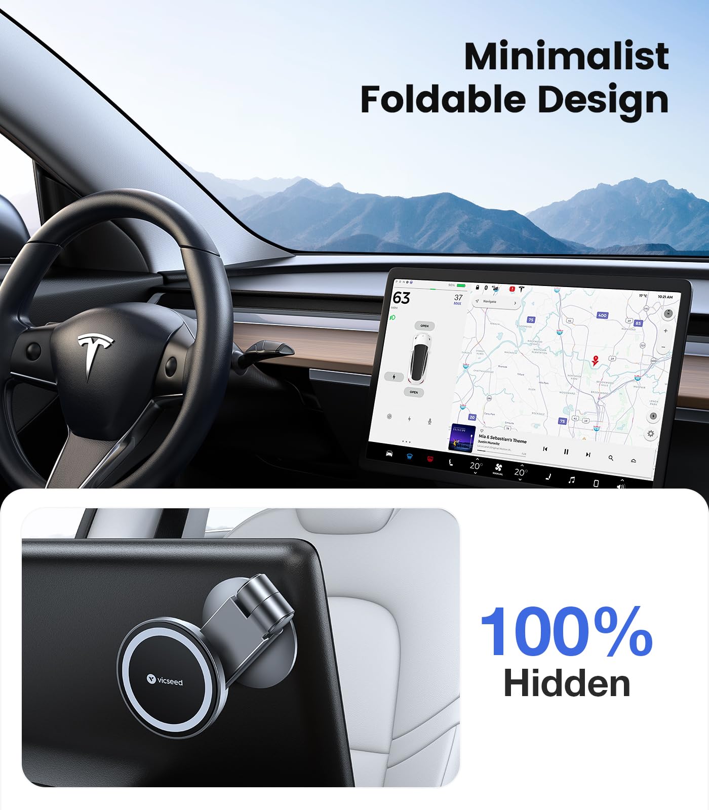 VICSEED Tesla Phone Mount with Strongest Magnet Power - MagSafe Car Mount for Tesla Model 3 & Y, Foldable Hidden Phone Holder Compatible with All Smartphones | Perfect for Hands-Free Navigation & Charging While Driving