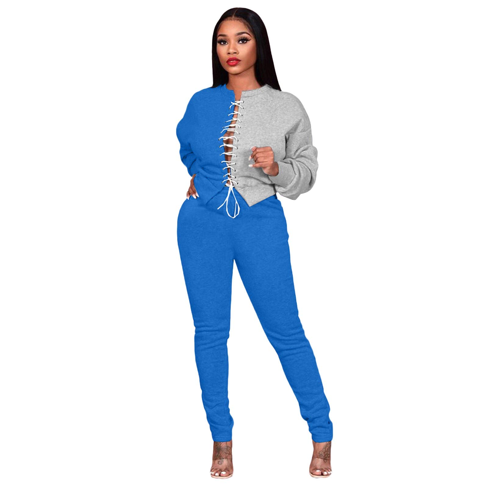 Women's Solid Color Zipper Hoodie Lounge Set - Sporty Tops & Pants Outfit (Blue, XXXL) | Comfortable Casual Wear for Home, Gym & Outdoor Activities