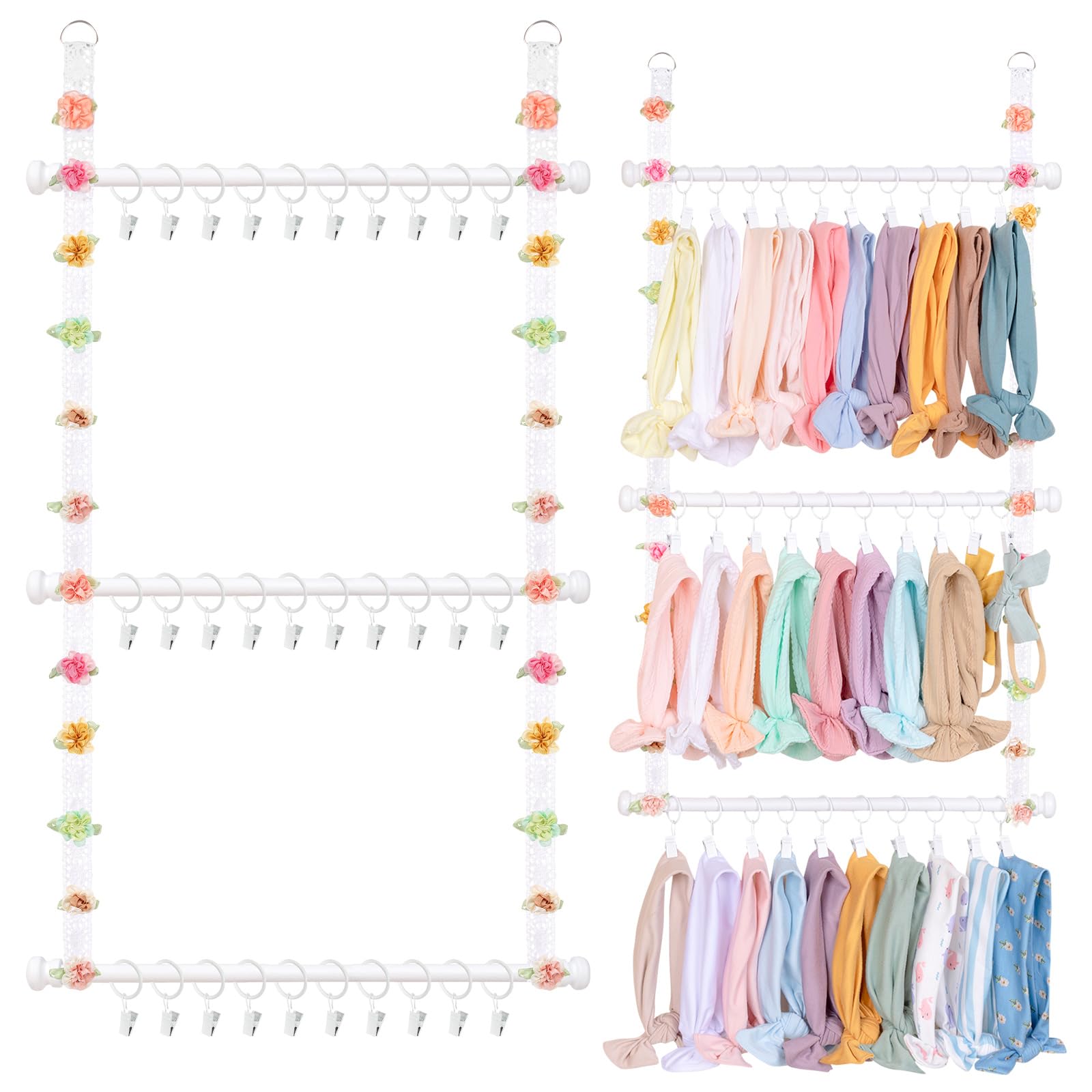 POVETIRE White Hanging Headband Organizer for Baby Girls - Nylon Bow Hair Accessories Storage Hanger - Perfect for Closet, Nursery Wall Decor & Baby Room Organization