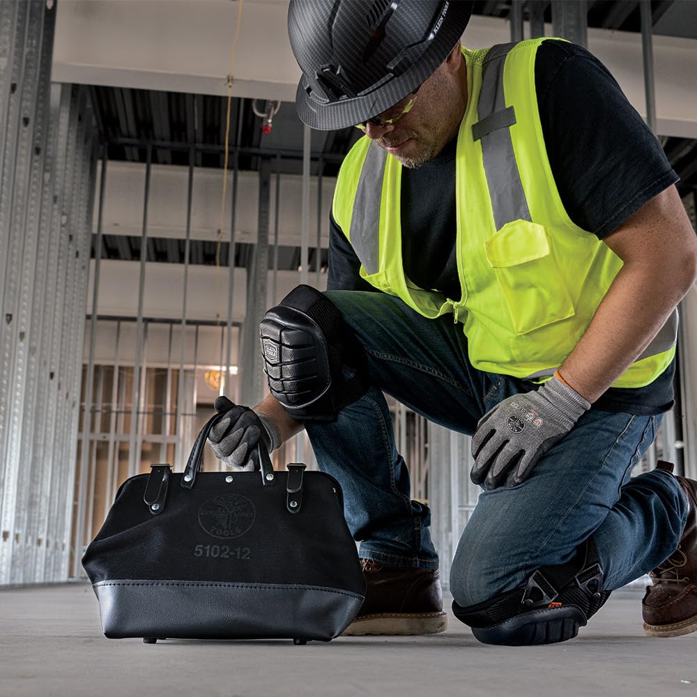Klein Tools 510212BLK Heavy Duty Black Canvas Tool Bag - 12-Inch Professional Tool Tote with Wide Hinged Opening & Leather Handles - Perfect for Electricians, Contractors & DIY Projects