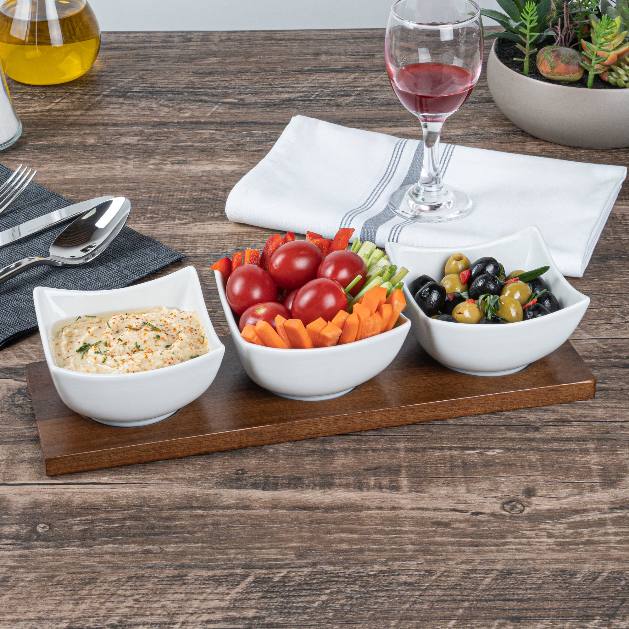 15 oz White Porcelain Cocktail Bowl Set with Bamboo Tray - 3 Rectangle Bowls (12x4x2.5 Inches) for Appetizers, Sushi & Party Snacks - Premium Dinnerware for Home & Restaurant Use