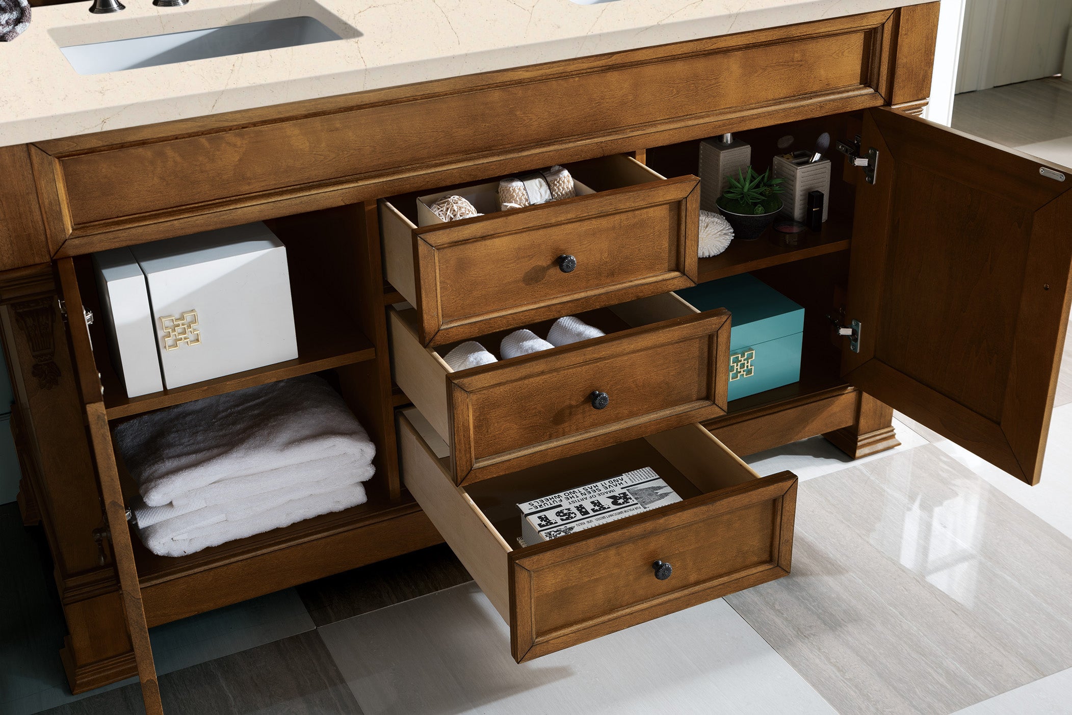 Brookfield 60 Inch Double Bathroom Vanity with Country Oak Finish & 3CM Eternal Marfil Quartz Countertop - Perfect for Master Bathroom Remodeling and Modern Home Decor