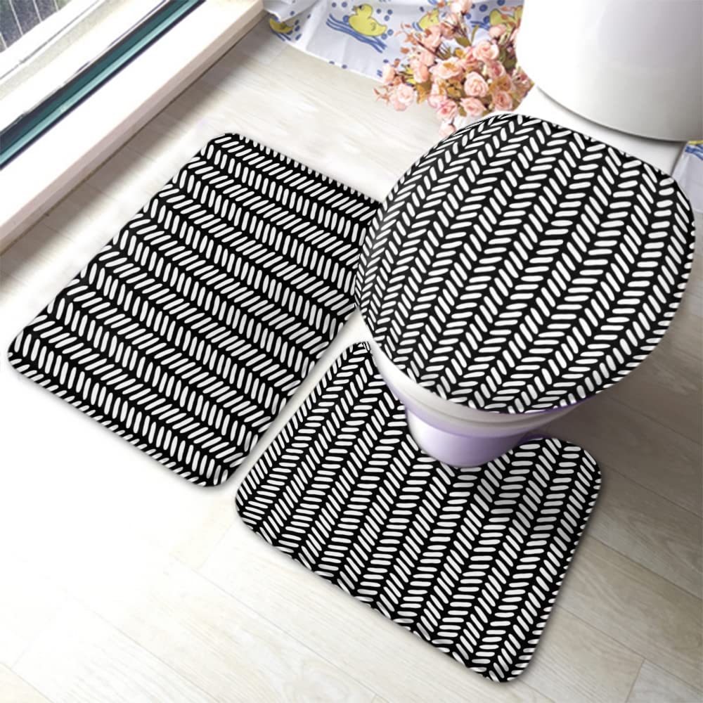 Zaueky White on Black Herringbone 3-Piece Bathroom Rug Set - Non-Slip Bath Mat with Rubber Backing, U-Shaped Contour Rug & Toilet Lid Cover - Monochrome Modern Decor for Bathroom Safety and Style