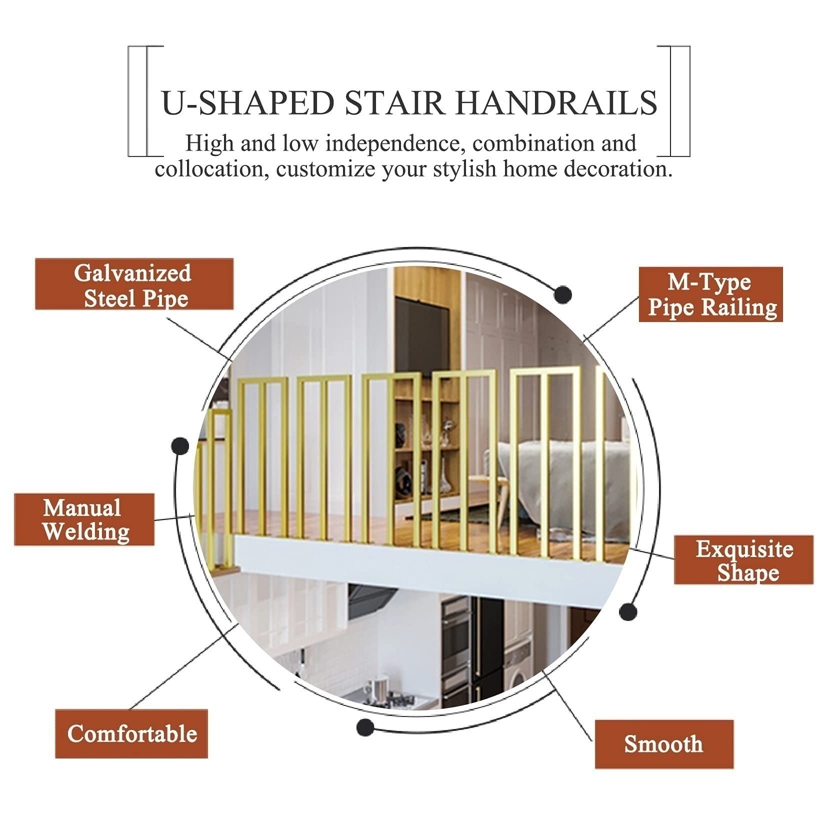 **Sturdy Metal Deck Railing Brackets - Golden Safety Fence for Stairs & Balcony, American-Style Horizontal Handrail, Easy Installation for Elderly & Child Safety (Indoor/Outdoor Use)**