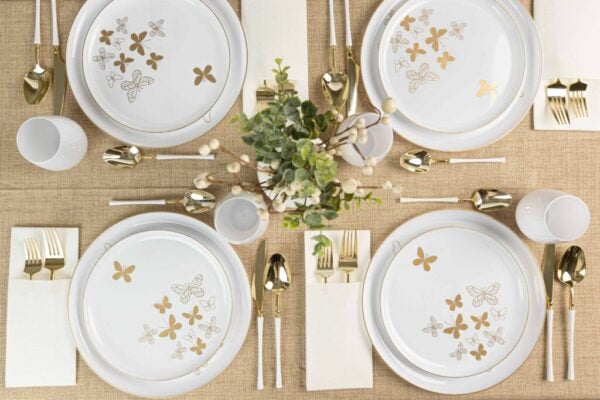 20-Pack White & Gold Round Plastic Dinnerware Set for 10 Guests - Elegant Disposable Plates, Bowls, Cups & Cutlery - Perfect for Weddings, Parties, Catering & Outdoor Events