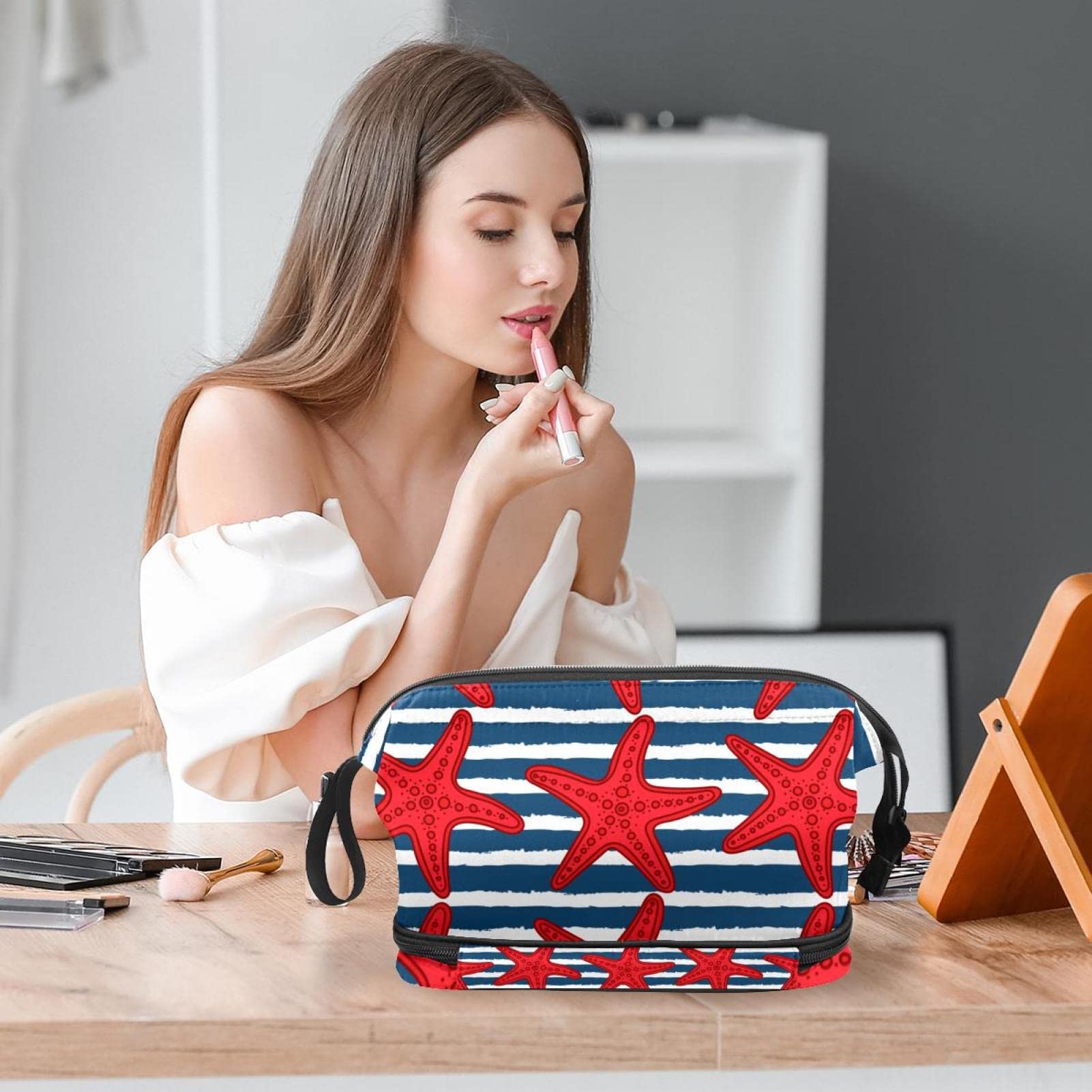 Waterproof Large Makeup Bag for Women - Travel Cosmetic Organizer with Brush Holder, Cute Cartoon Sea Life Starfish Striped Design - Perfect for Summer Beach Trips, Gym & Daily Essentials Storage