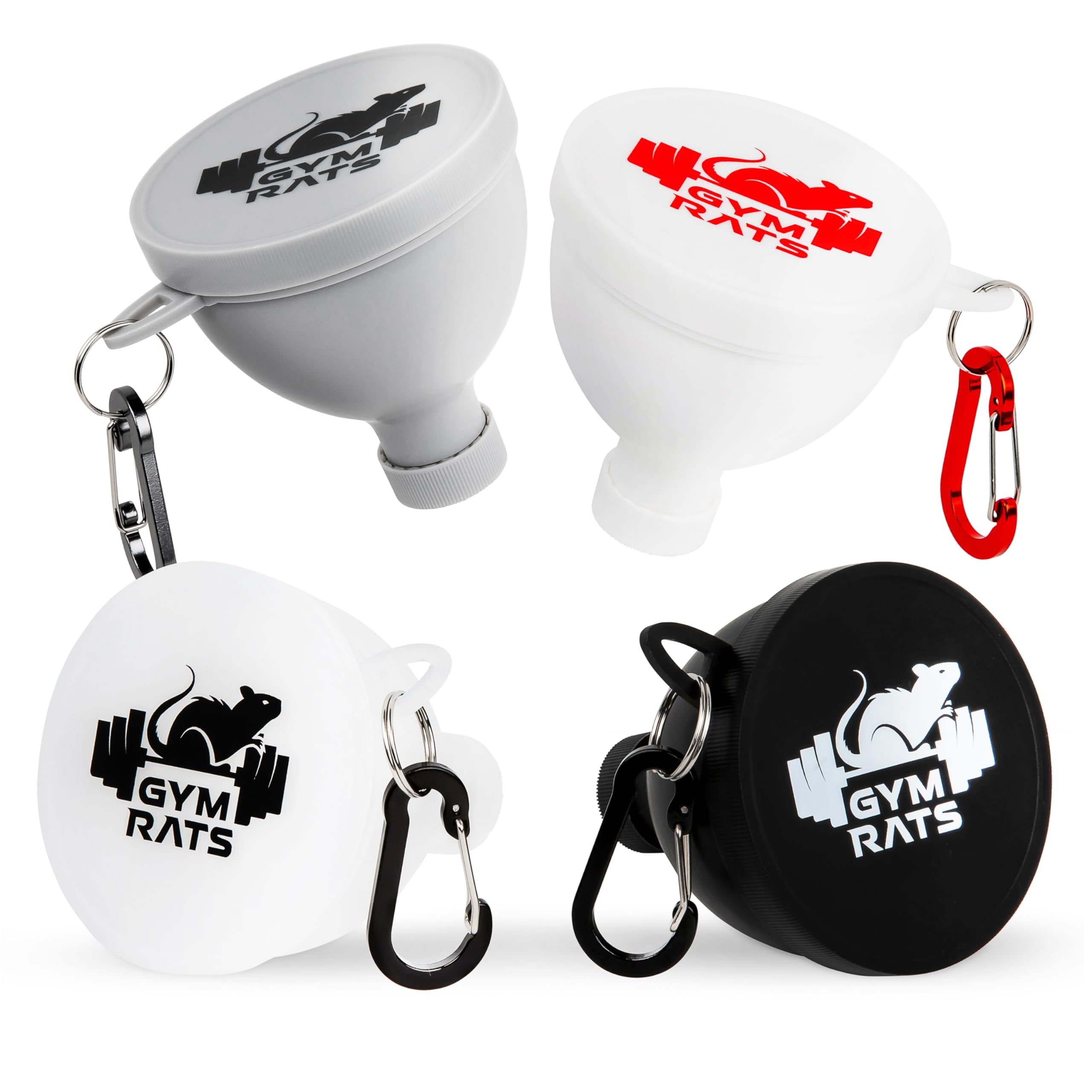 Premium Protein Powder Funnel Set - 4 Pack Leak-Proof Travel Containers with Carabiner & Reinforced Lids - Perfect for Gym, Workout Supplements & Shaker Bottles - Ideal for Bodybuilders & Fitness Enthusiasts On-The-Go