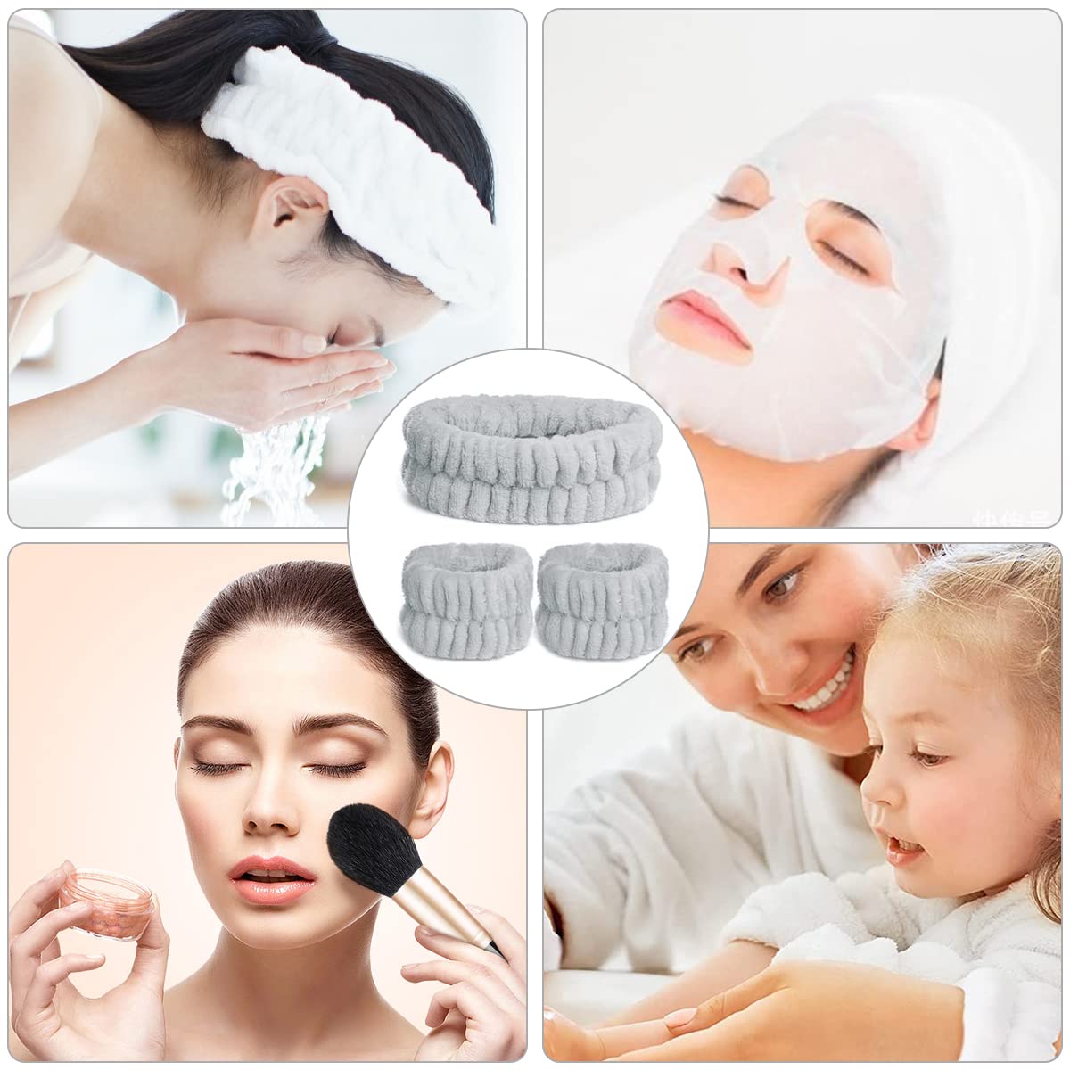 3 Pack Soft Grey Spa Headband & Wrist Washband Set - Elastic Skincare Headbands for Women, Makeup Hair Bands for Girls, Yoga & Shower Use - Fluffy Facial Headbands for Spa, Gym, and Daily Skincare Routine