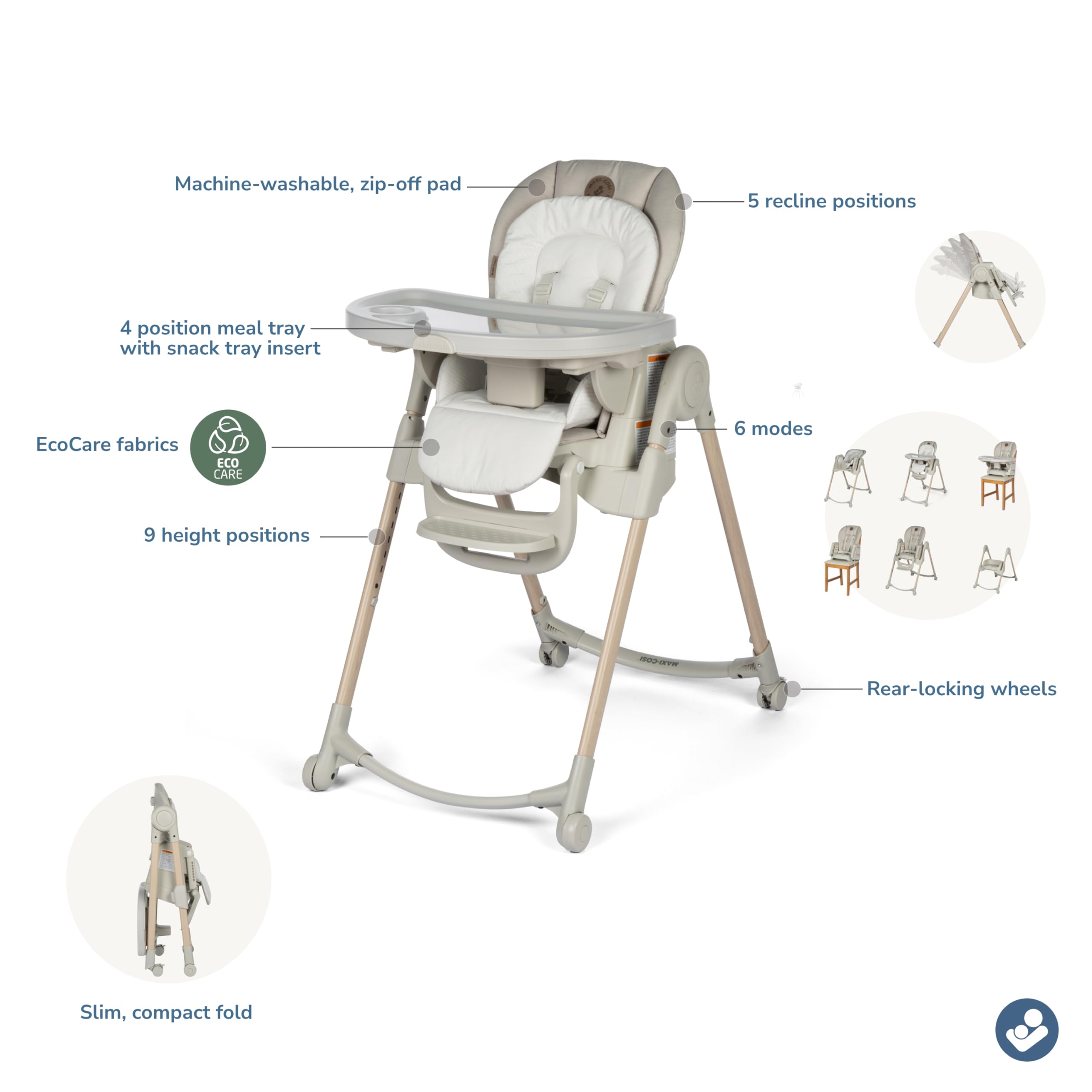 Maxi-Cosi Minla 6-in-1 Foldable High Chair for Babies & Toddlers | Adjustable Height, Convertible Design | Classic Oat Color | Perfect for Dining, Travel & Small Spaces