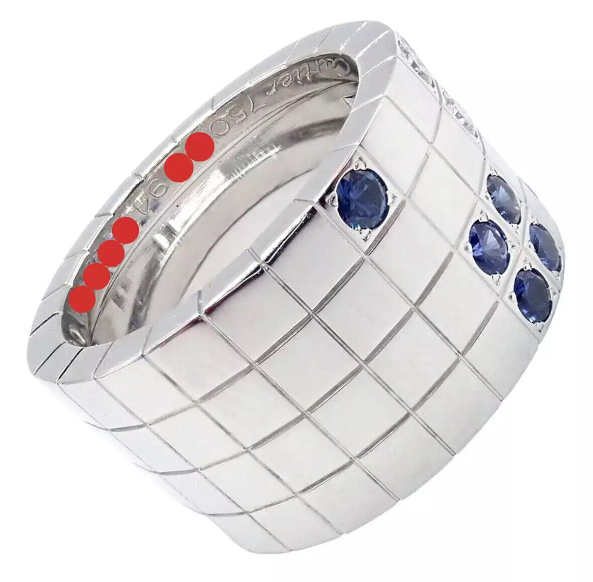 Cartier 18k White Gold Lanieres Diamond & Blue Sapphire Wide Band Ring - Size 6.5 (US 53) - Luxury Wedding Band, Anniversary Gift for Her, Elegant Jewelry for Special Occasions