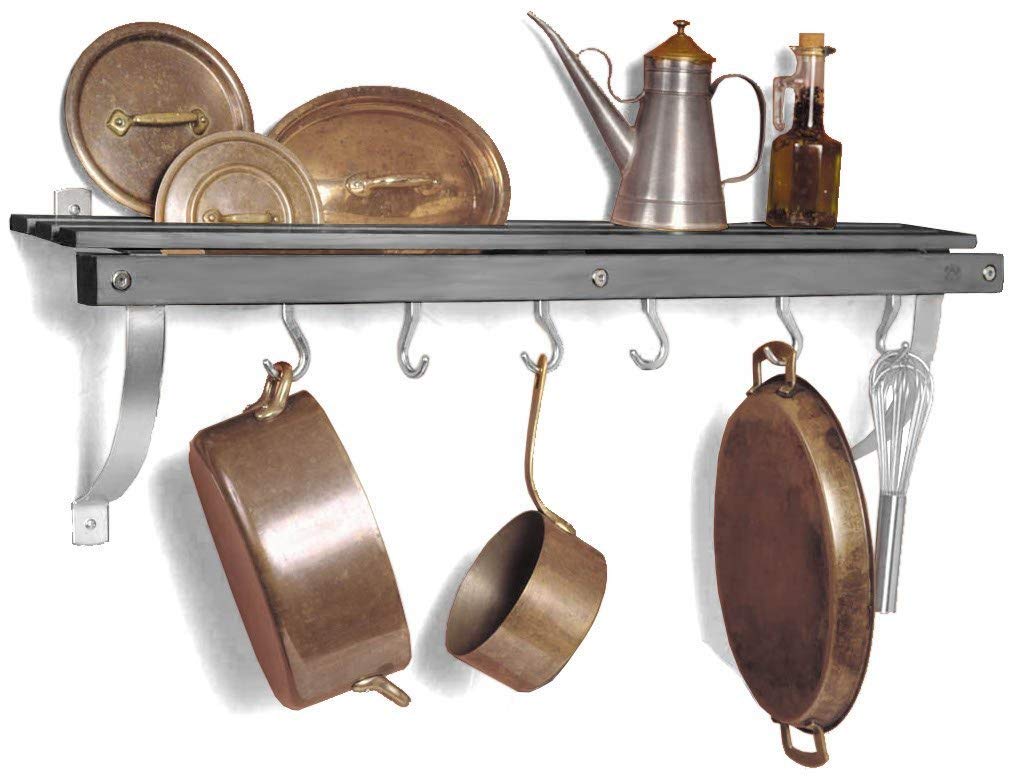 J.K. Adams 36-Inch Wall Mounted Pot Rack with 6 Hooks - Space Saving Kitchen Organizer for Pots, Pans & Utensils - Perfect for Small Kitchens & Home Organization (Gray)