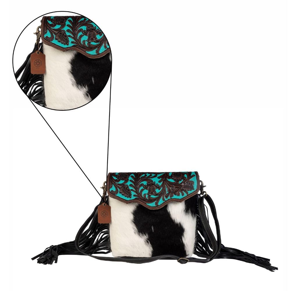 Myra Aqua Hand-Tooled Leather Bag - Women's Upcycled Cotton & Cowhide Purse for Casual Outings