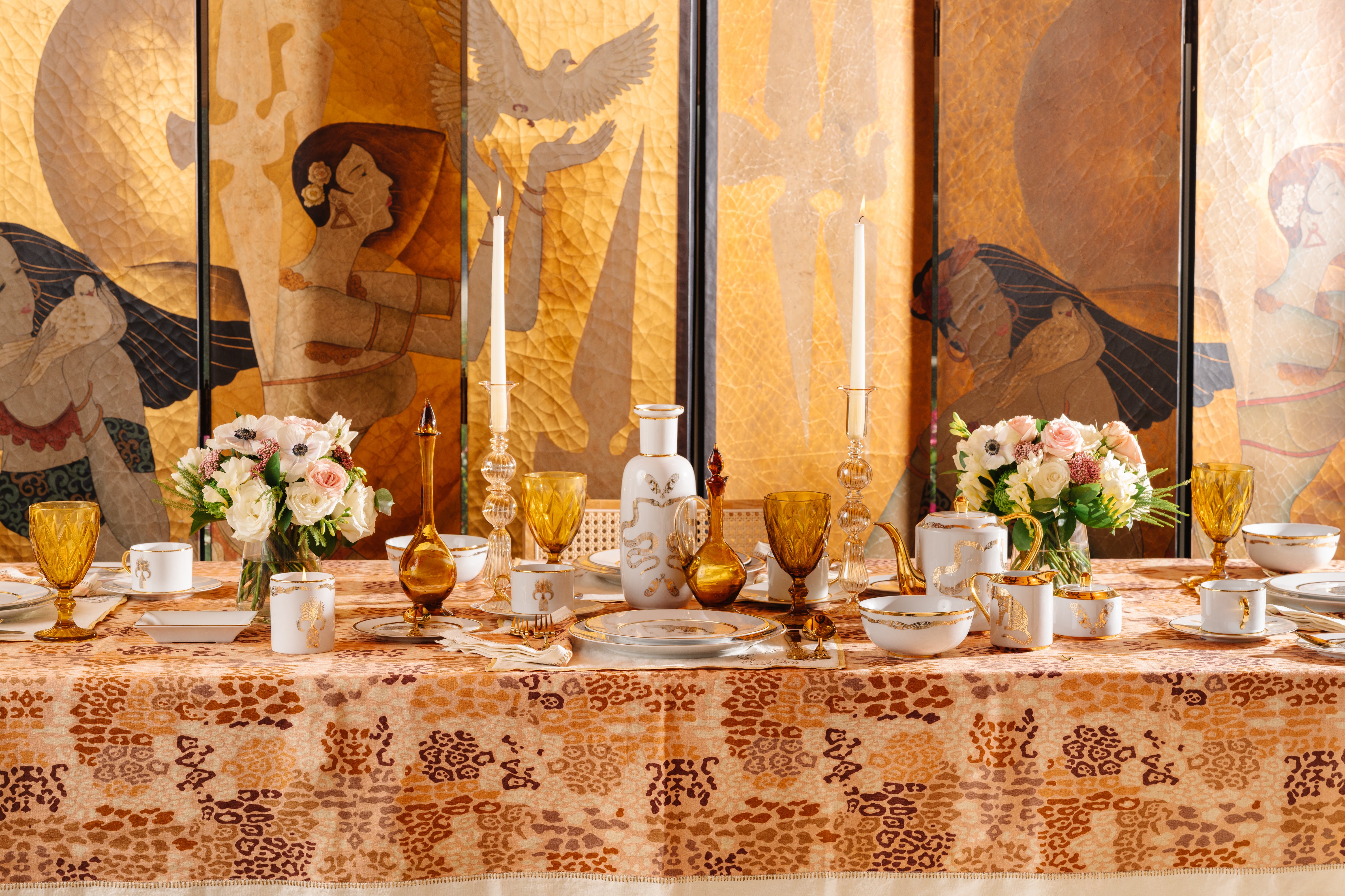 Golden Animal Print Tablecloth - Waterproof & Washable Dining Table Cover for Parties, Picnics, and Home Decor