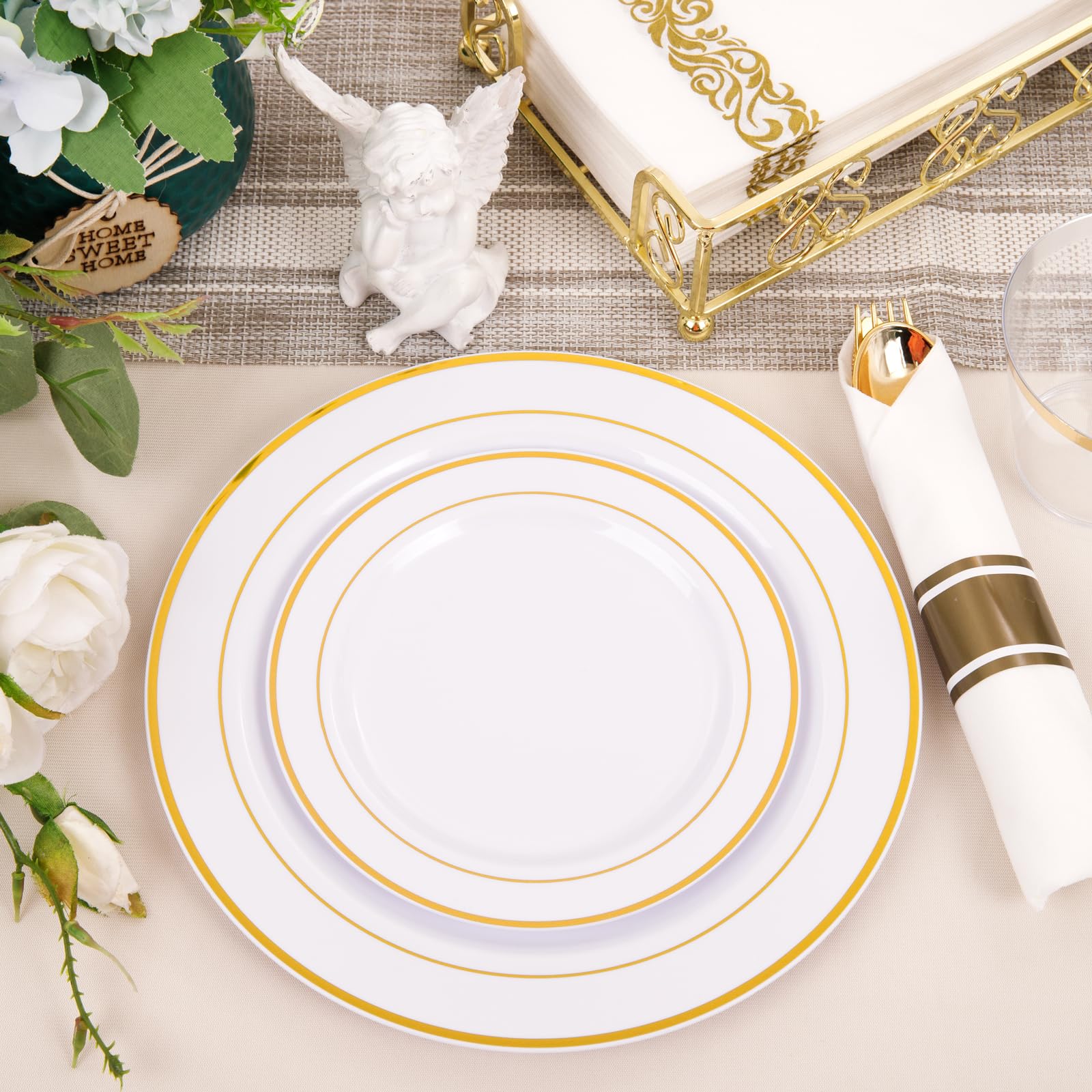 350-Piece Gold Dinnerware Set for 50 Guests - Elegant Disposable Gold Plastic Plates & Cutlery Includes 50 Dinner Plates, 50 Dessert Plates, 50 Pre-Rolled Napkins with Gold Silverware - Perfect for Weddings, Parties, Banquets & Special Events