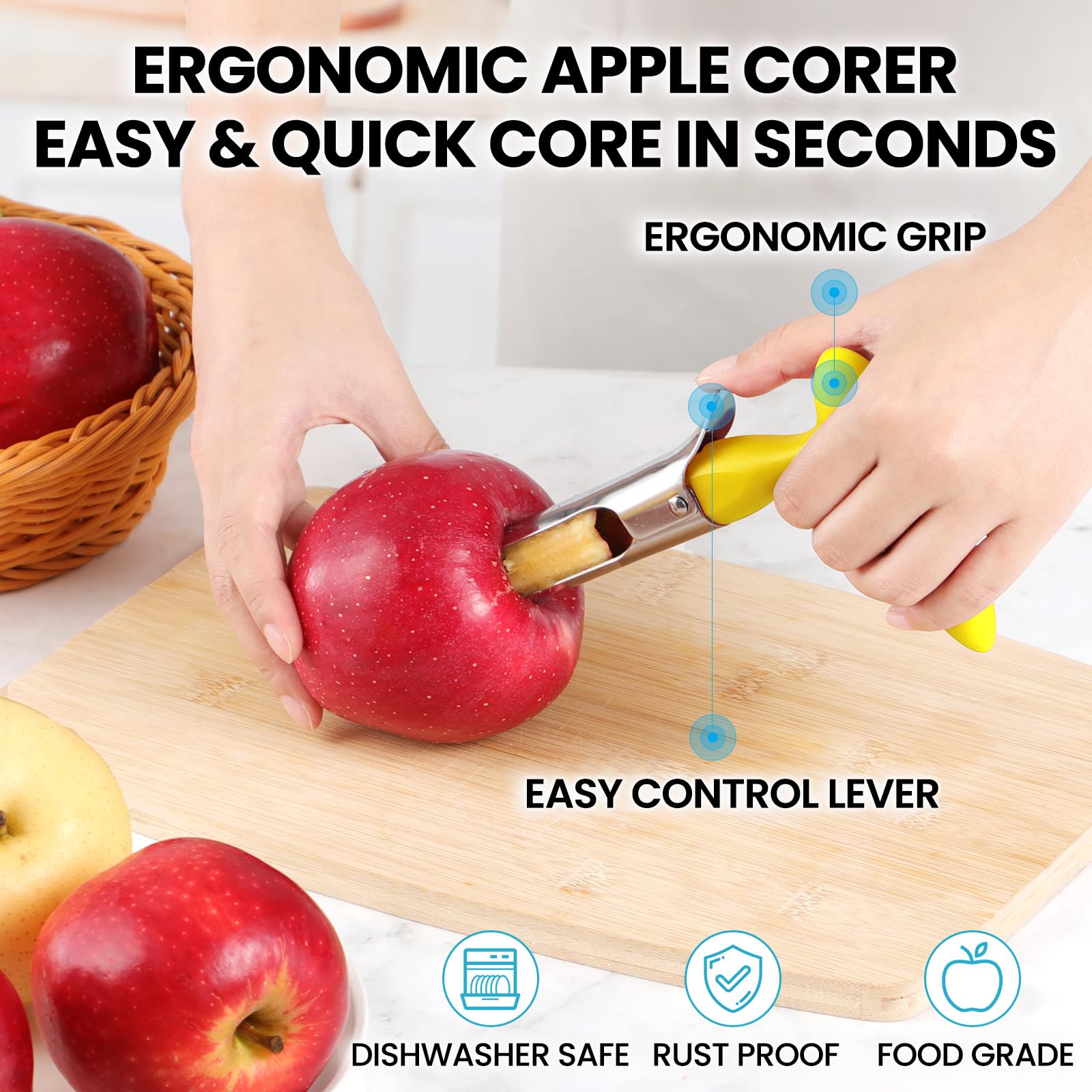 Premium Stainless Steel Apple Corer & Pear Corer Tool - Sharp Serrated Edge for Easy Fruit Coring - Durable & Easy to Clean - Perfect for Baking, Juicing, and Healthy Snacks (Yellow)