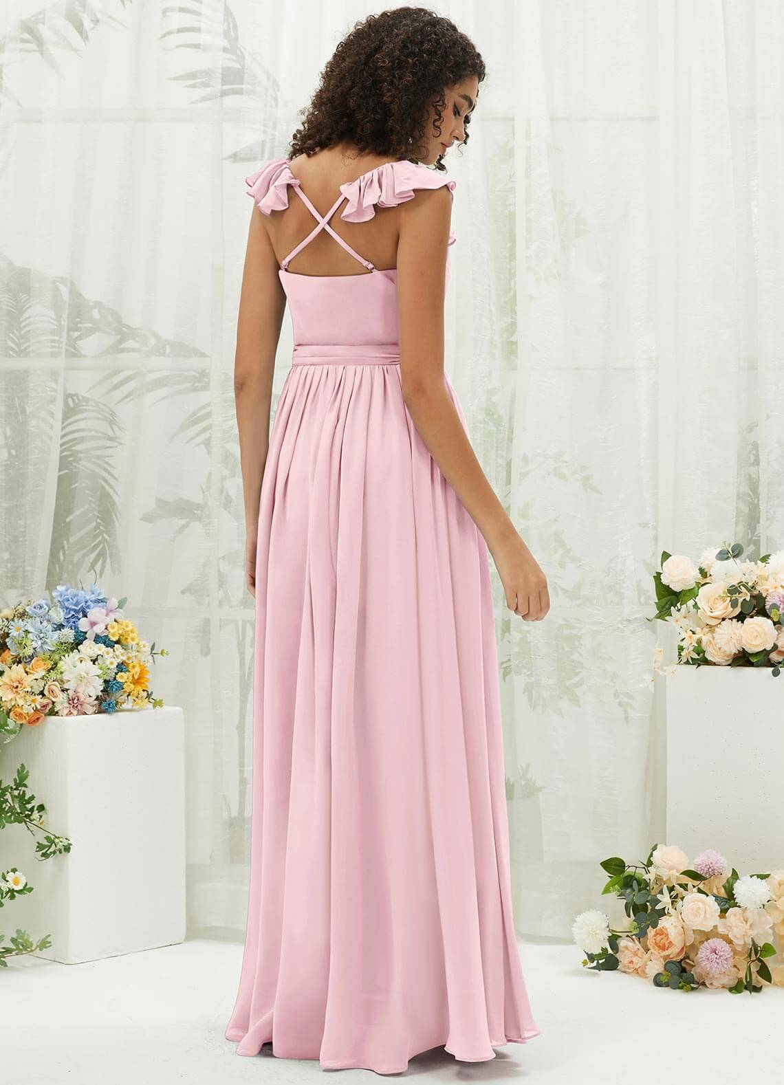 Elegant Blush Chiffon Bridesmaid Dress with Ruffle Details & Cross Straps - Perfect for Weddings, Formal Events & Special Occasions