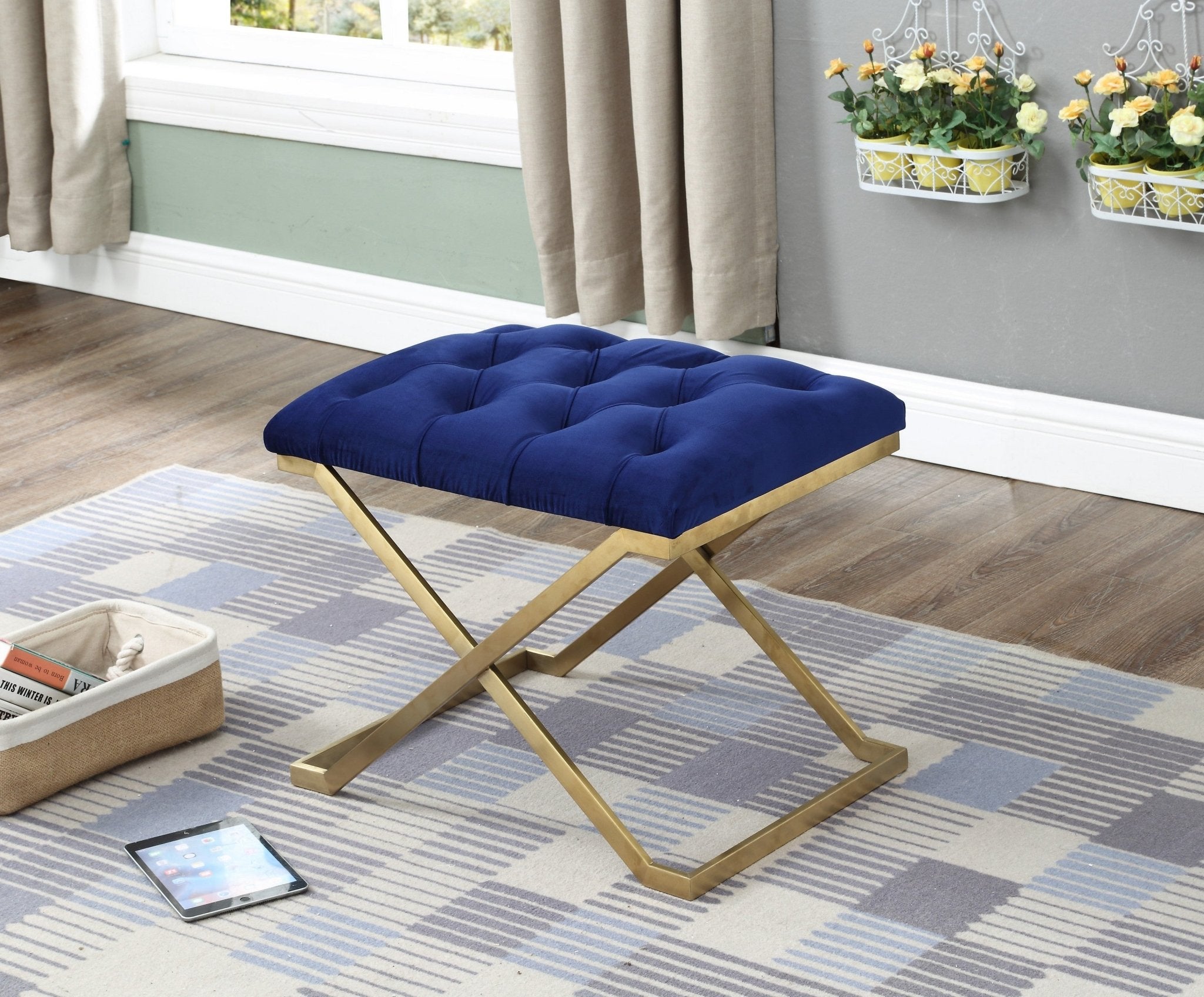Luxury Navy Blue Velvet Ottoman with Gold Metal Legs - Elegant Footrest & Stylish Living Room Decor for Home & Office