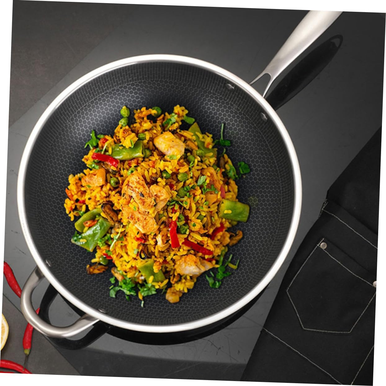 DECHOUS 34cm Stainless Steel Honeycomb Grain Nonstick Wok Pan - Induction, Electric & Gas Stove Safe - Easy Clean BBQ & Stir Fry Cooking Pan for Home Kitchen