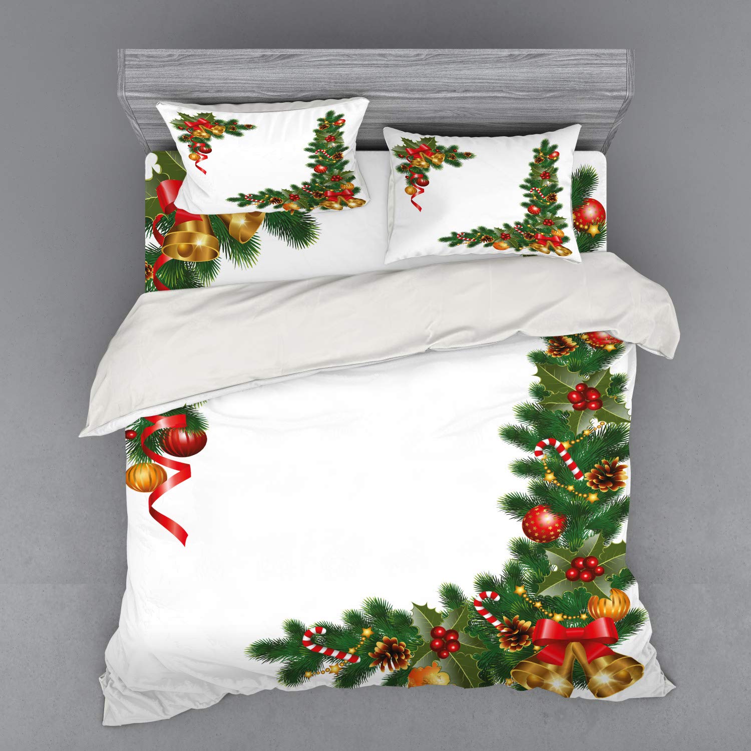 Ambesonne Christmas Duvet Cover Set - 4 Piece King Size Bedding with Fir Tree Branches & Ornamental Elements, Includes Shams & Fitted Sheet - Holiday Home Decor for Bedroom, Guest Room & Christmas Themed Parties