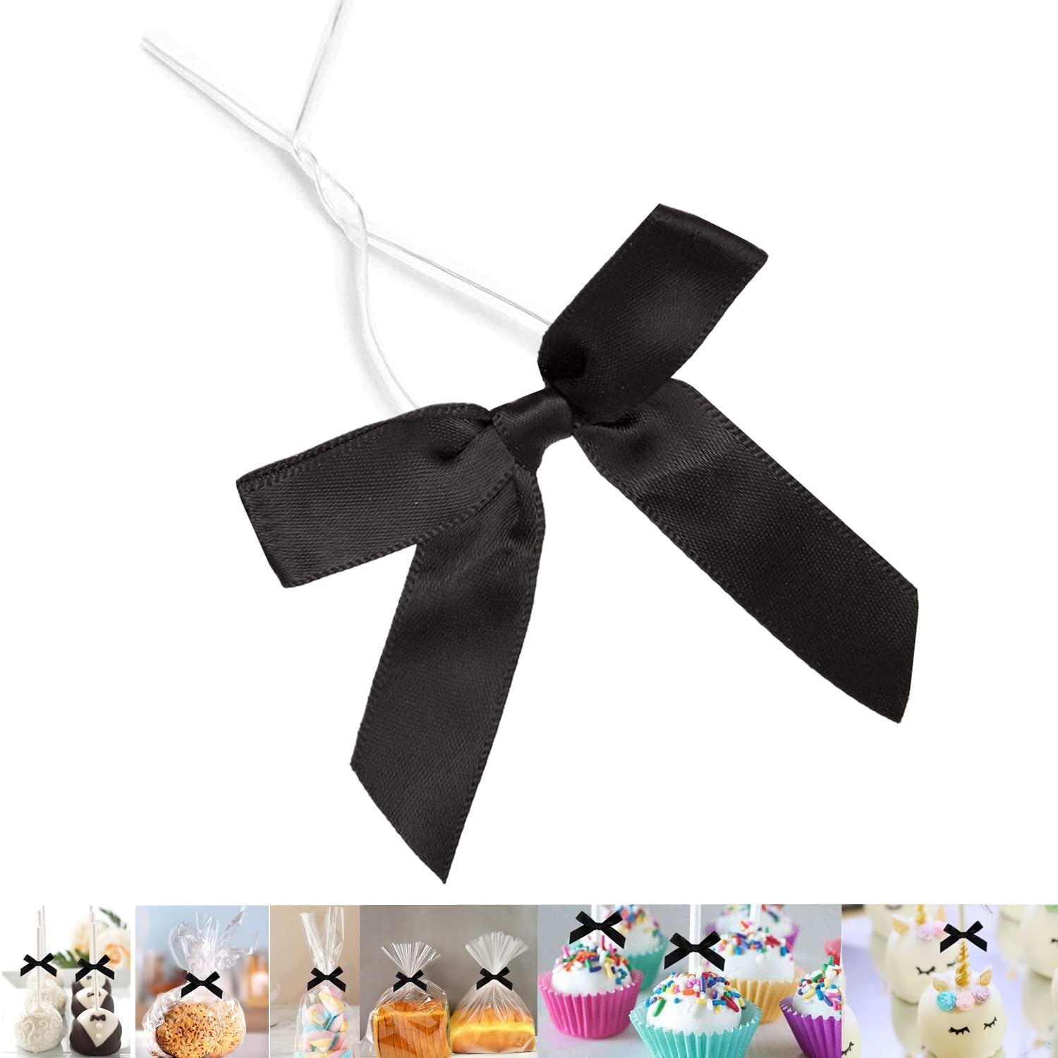 50 PCS 3 Inch Black Satin Twist Tie Bows for Gift Wrapping - Pre-Tied Decorative Bows with Wire for Treat Bags, Popcorn Bags, Cookie Bags & Party Favors - Perfect for Birthday Parties, Baby Showers & Wedding Decorations
