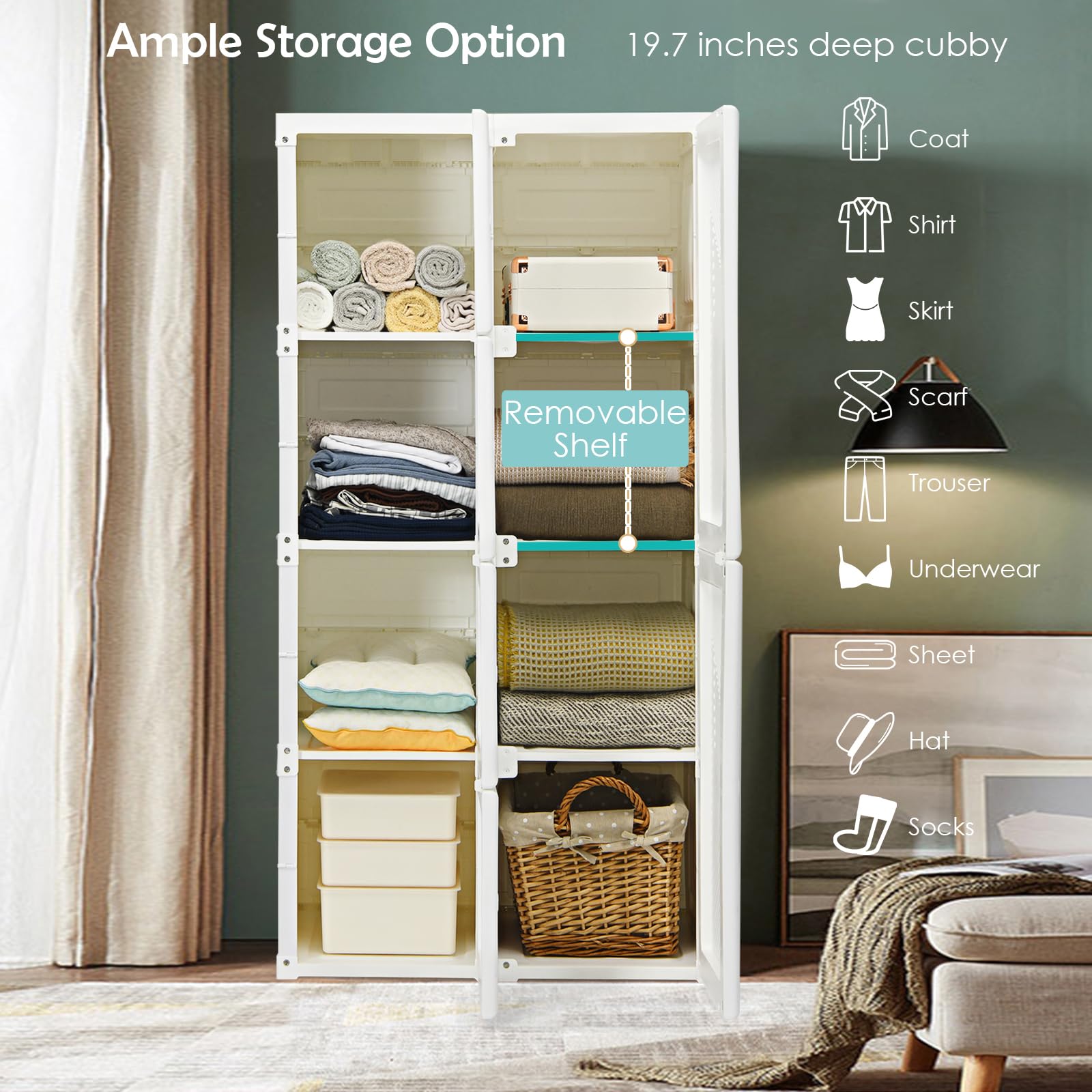 **Tangkula Portable Closet Wardrobe - Foldable Clothes Organizer with 8 Cubbies, Hanging Rods & Magnetic Doors - Easy Assemble Bedroom Storage for Clothes, Shoes & Accessories | Perfect for Small Spaces, Dorm Rooms & Apartments**