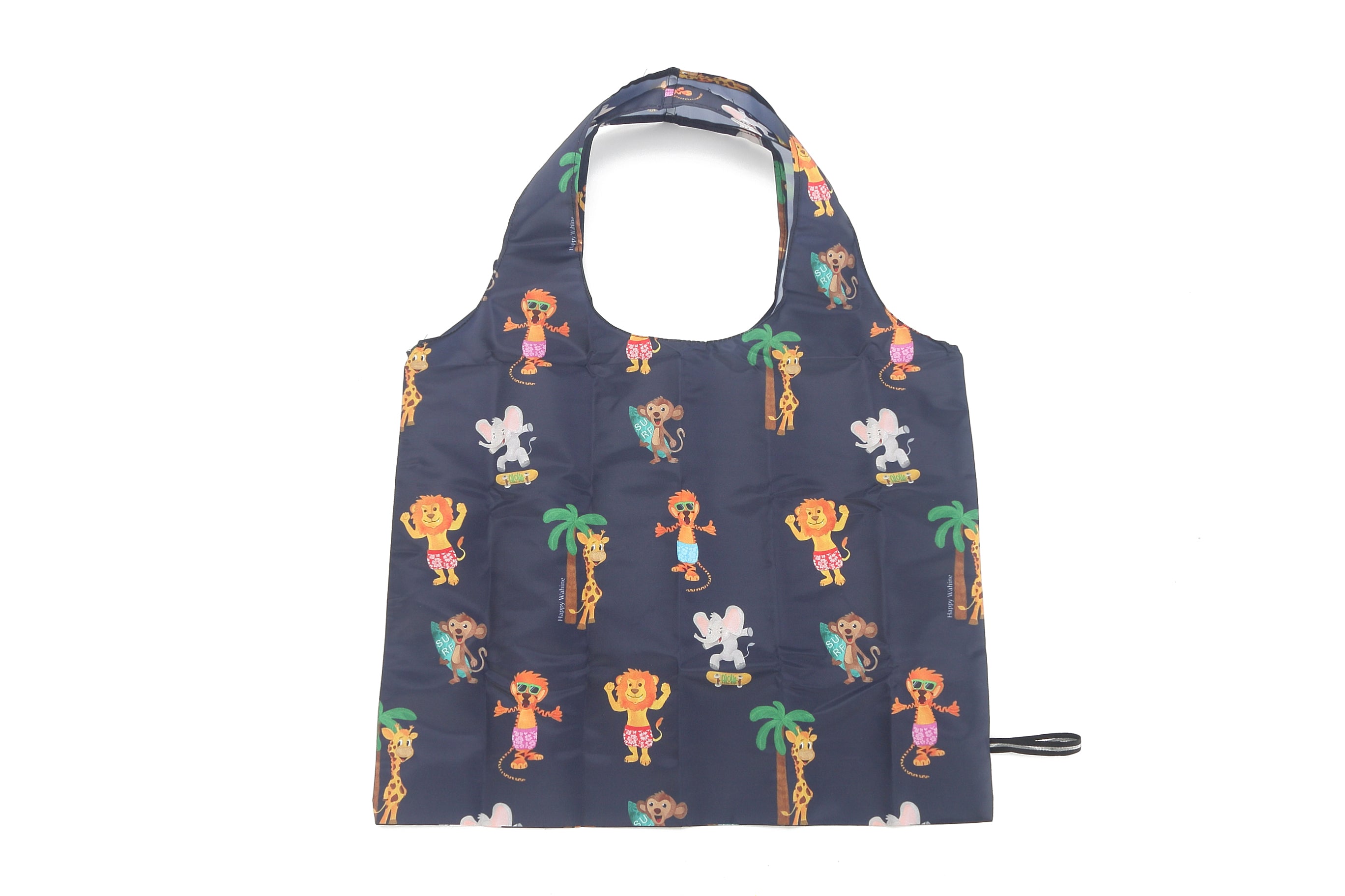 Foldable Reusable Shopping Bag with Zoo Animals Print - Navy Blue Eco-Friendly Grocery Tote for Groceries, Beach, Picnics & Travel