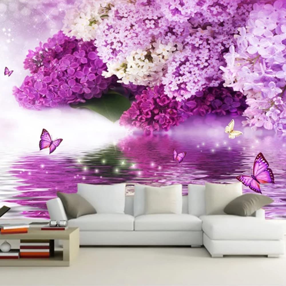 Modern Purple Hydrangea Butterfly Peel and Stick Wallpaper - Self-Adhesive Water Surface Print Vinyl Mural for Bedroom, Living Room, Kitchen Decor - Easy to Apply & Remove Contact Paper for Home Renovation