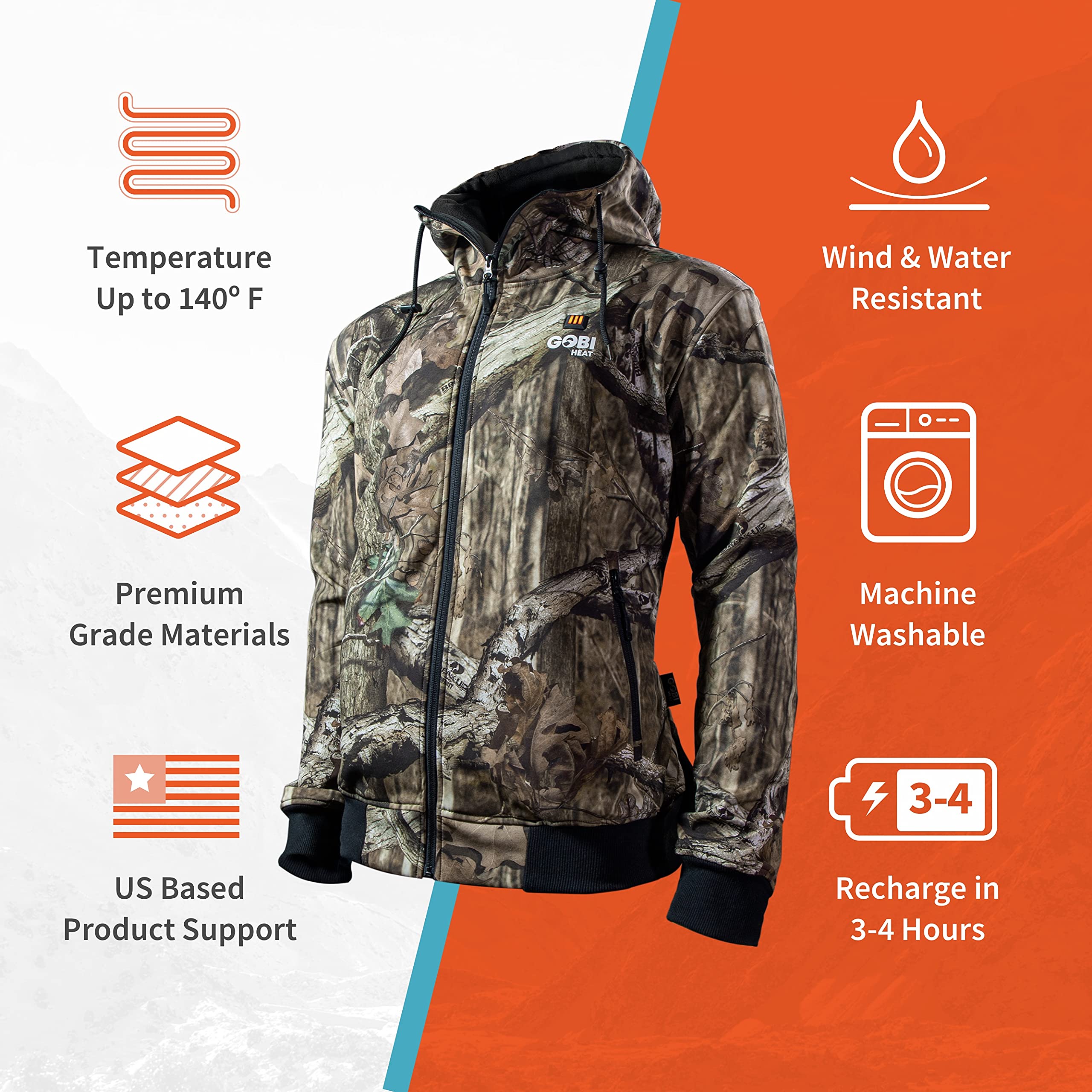 Shadow Men’s Heated Hunting Hoodie with Zipper Pockets - 10 Hours of Heat | 3 Adjustable Heat Zones | Includes Rechargeable Battery & USB Charging Cable | Perfect for Winter Hunting, Camping & Outdoor Activities