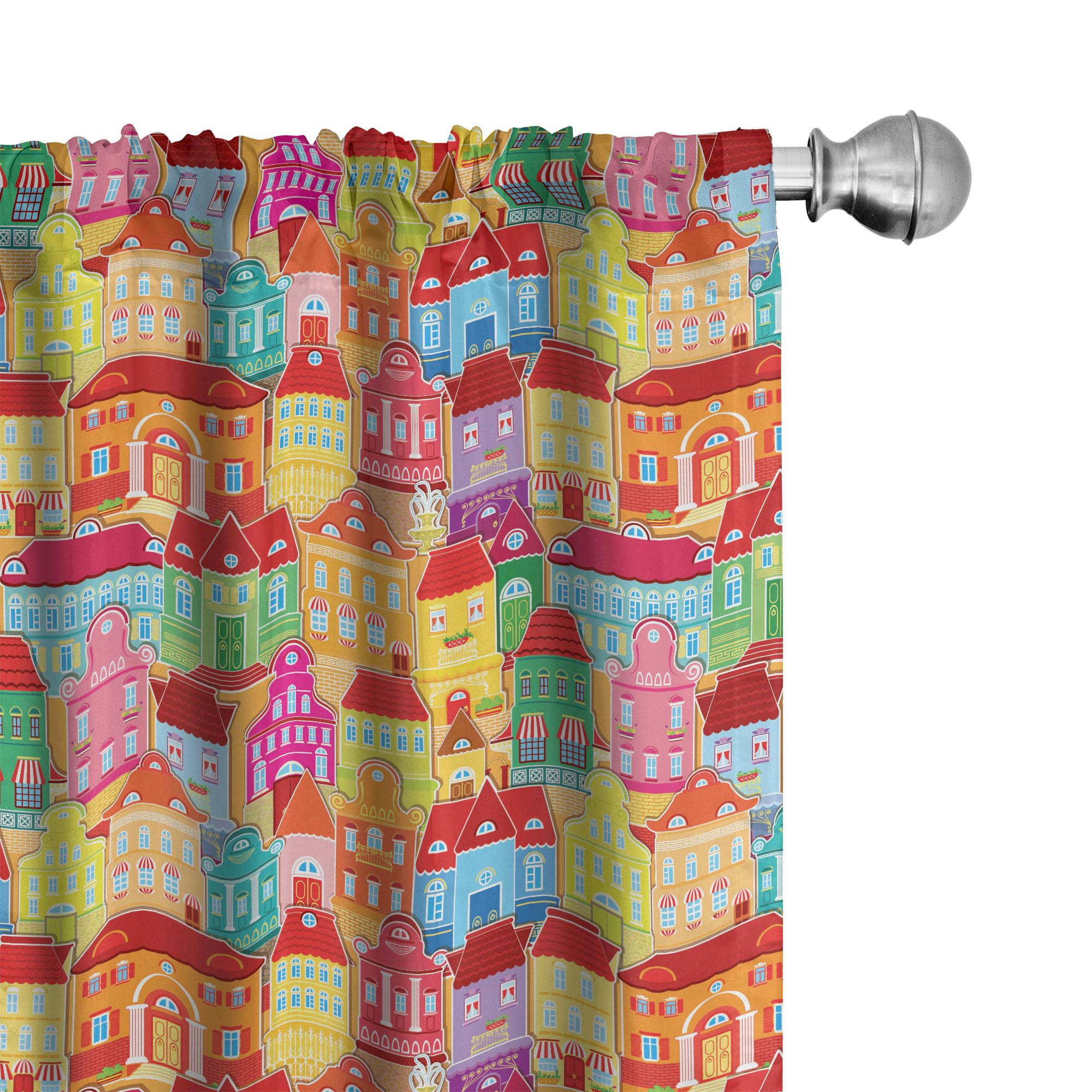 Ambesonne Cityscape Cartoon Curtains - European Architecture Art with Houses, Pillars & Fountains Urban View - 2 Panel Window Treatments for Living Room & Bedroom - 28