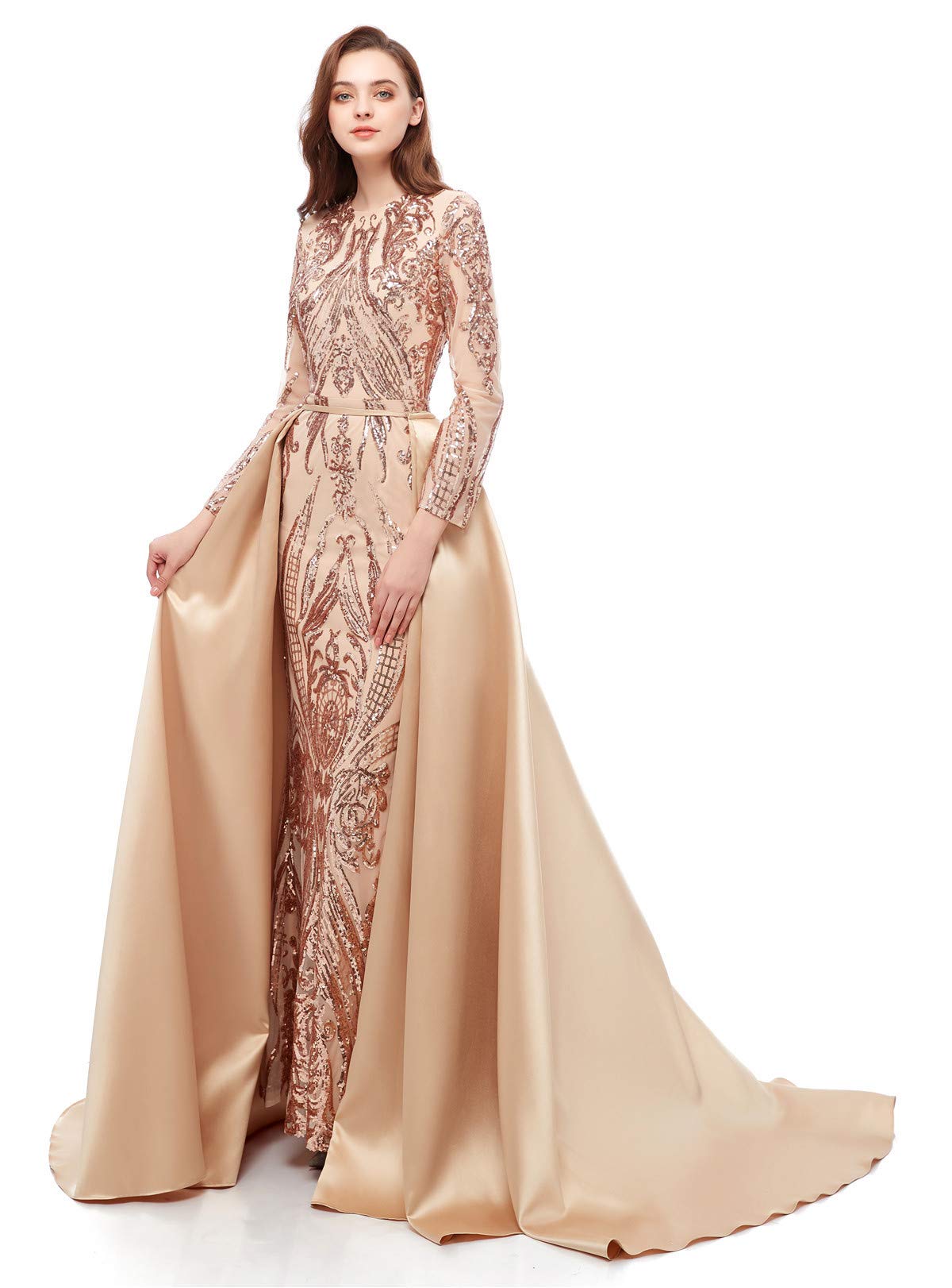 Elegant Women's Long Sleeve Sequin Mermaid Evening Dress with Detachable Train - Formal Party Gown for Prom, Wedding, Red Carpet & Special Occasions