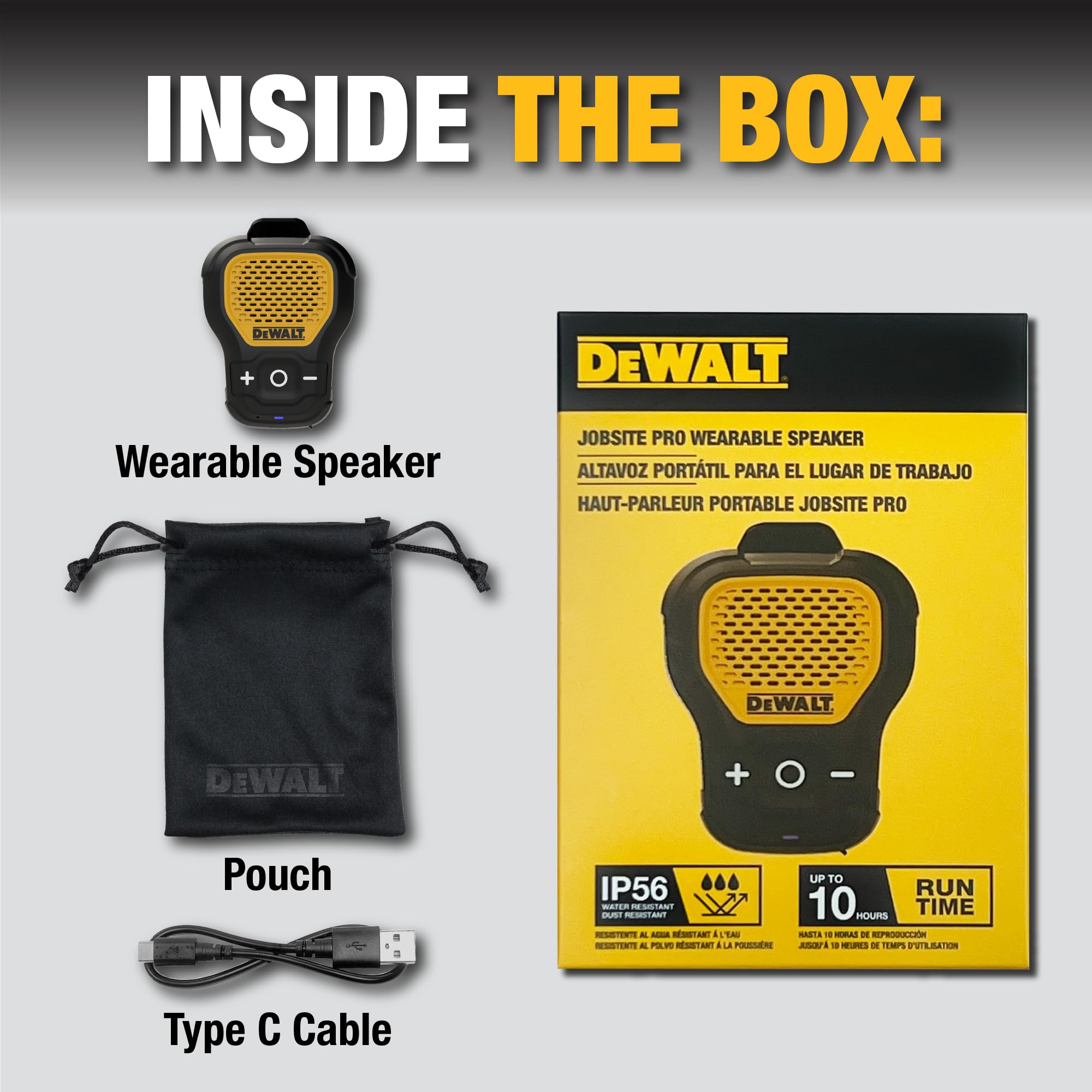 DEWALT Wearable Bluetooth Speaker with USB C to C Charging Cable & 2-Port PD Fast Charger - Perfect for Construction Sites, Outdoor Work & Jobsite Entertainment