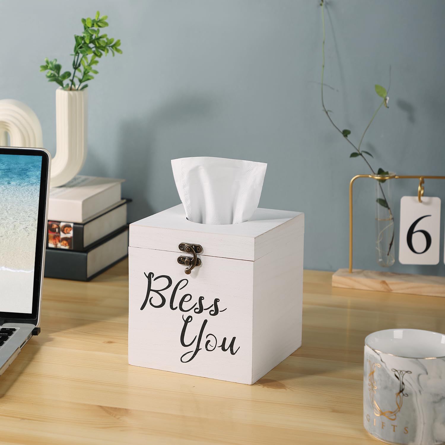 Bless You Rustic White Wooden Tissue Box Cover - Farmhouse Style Square Toilet Paper Holder or Napkin Dispenser for Bathroom, Living Room & Dining Table (White, 1 Count) - Perfect for Home Decor & Gift Giving