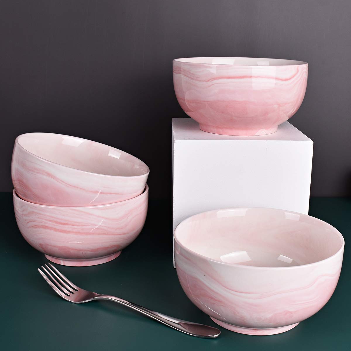 Bosmarlin 33 Oz Marbling Ceramic Soup Bowl Set of 4 - Microwave & Dishwasher Safe - Elegant Pink Marble Design - Perfect for Soups, Salads, Pasta & Home Dining