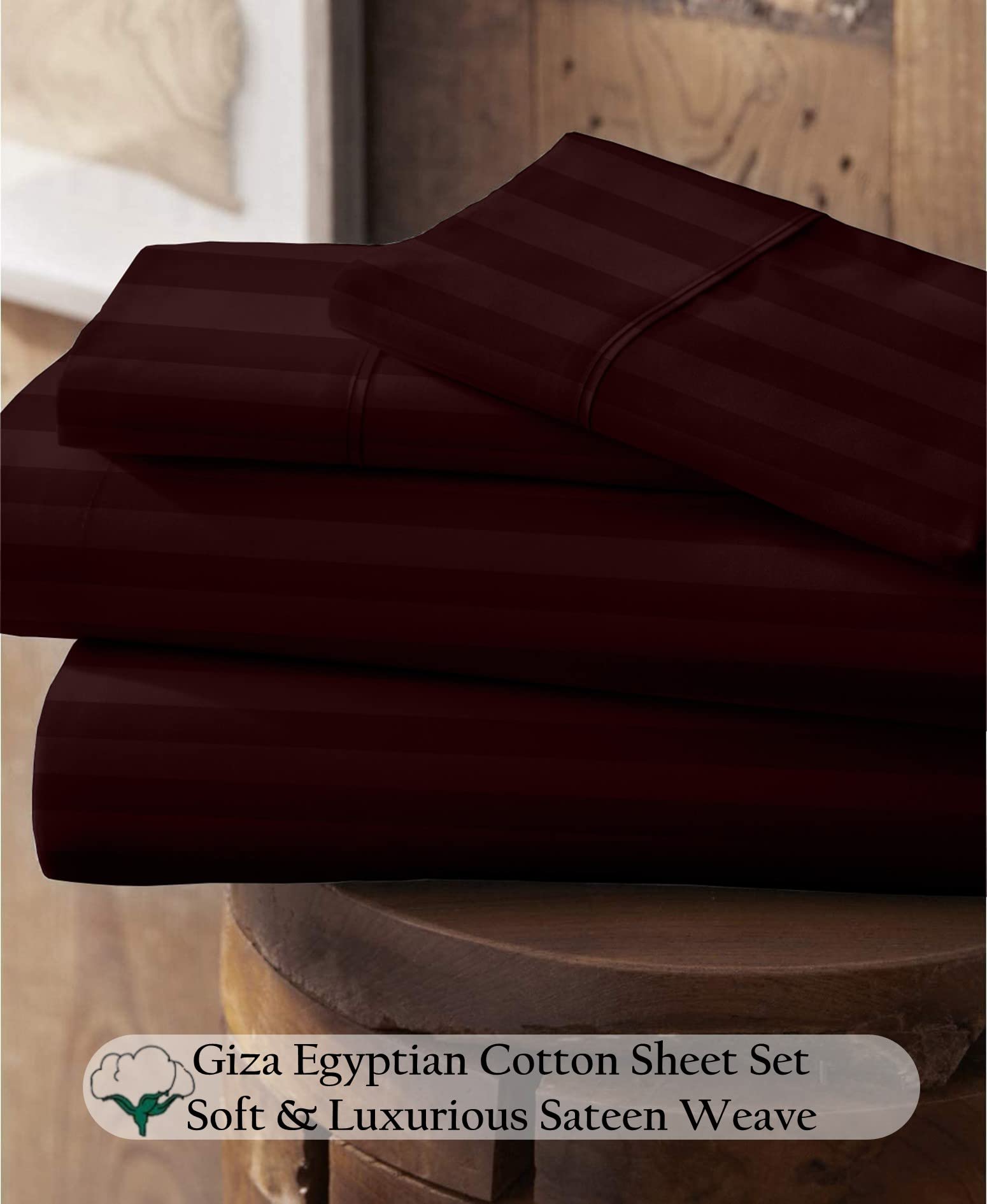 Premium 100% Certified Giza Cotton Queen Sheet Set - Soft Sateen Weave, Breathable Egyptian Cotton Bedding for 18-Inch Deep Pockets (Wine Stripe) - Luxury Bedroom Upgrade for Hotels & Home Decor