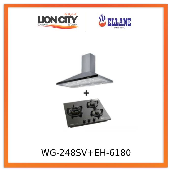 Ellane EH 6180 90cm Stainless Steel Range Hood with Chimney & WG 248SV 3-Burner Glass Cooktop with Safety Device - Modern Kitchen Ventilation & Cooking Solution for Home Chefs