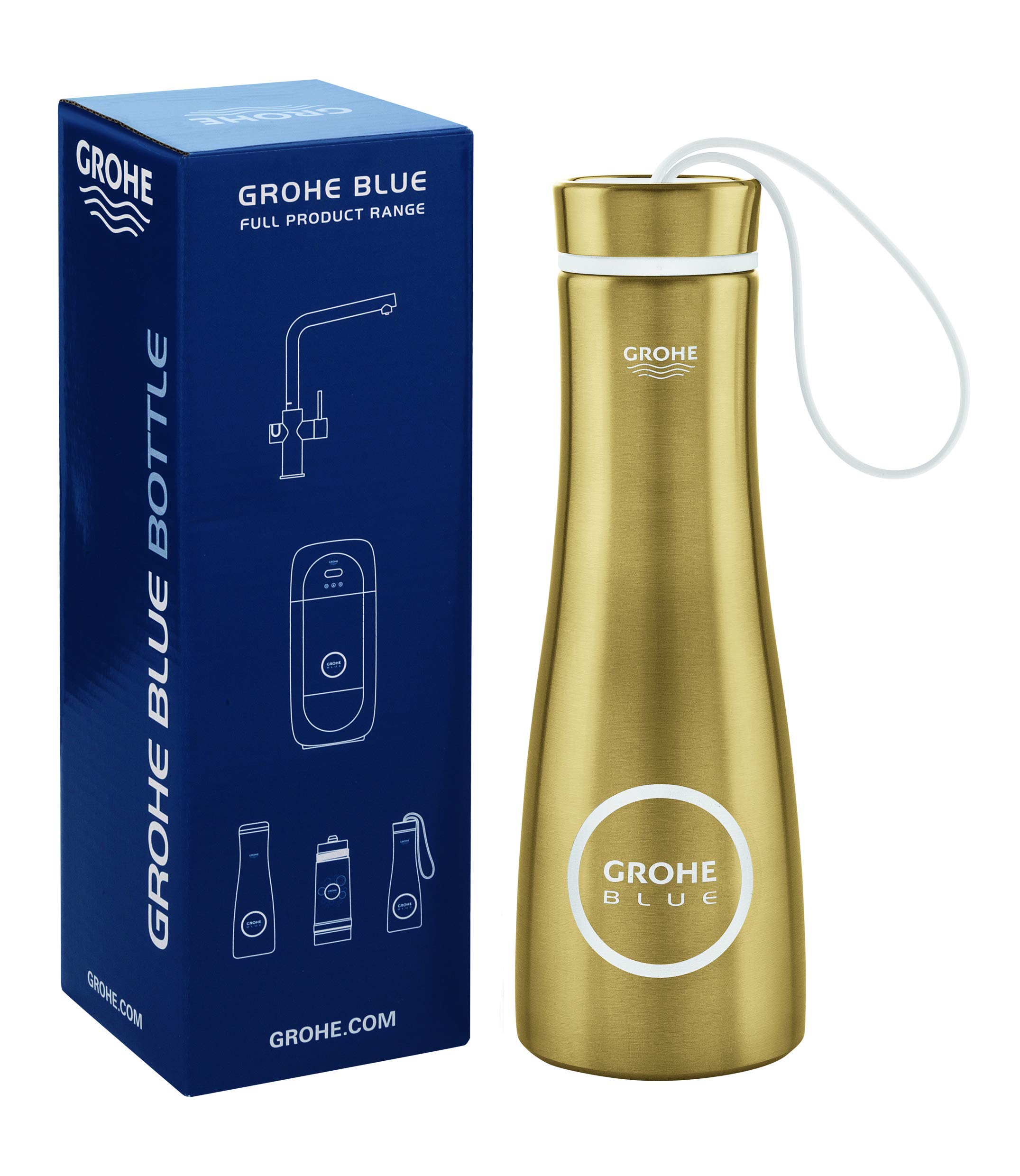 GROHE 40848GN0 Blue Thermal Water Bottle - Insulated Stainless Steel, Cool Sunrise Brushed Finish, Keeps Drinks Hot/Cold for Hours - Perfect for Travel, Gym, Hiking & Outdoor Activities